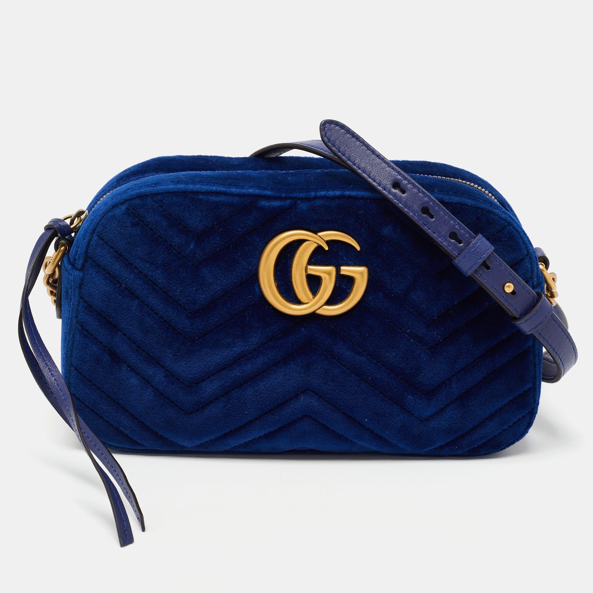 Gucci Blue Matelasse Velvet Small GG Marmont Shoulder Bag Women TopHandle Bags