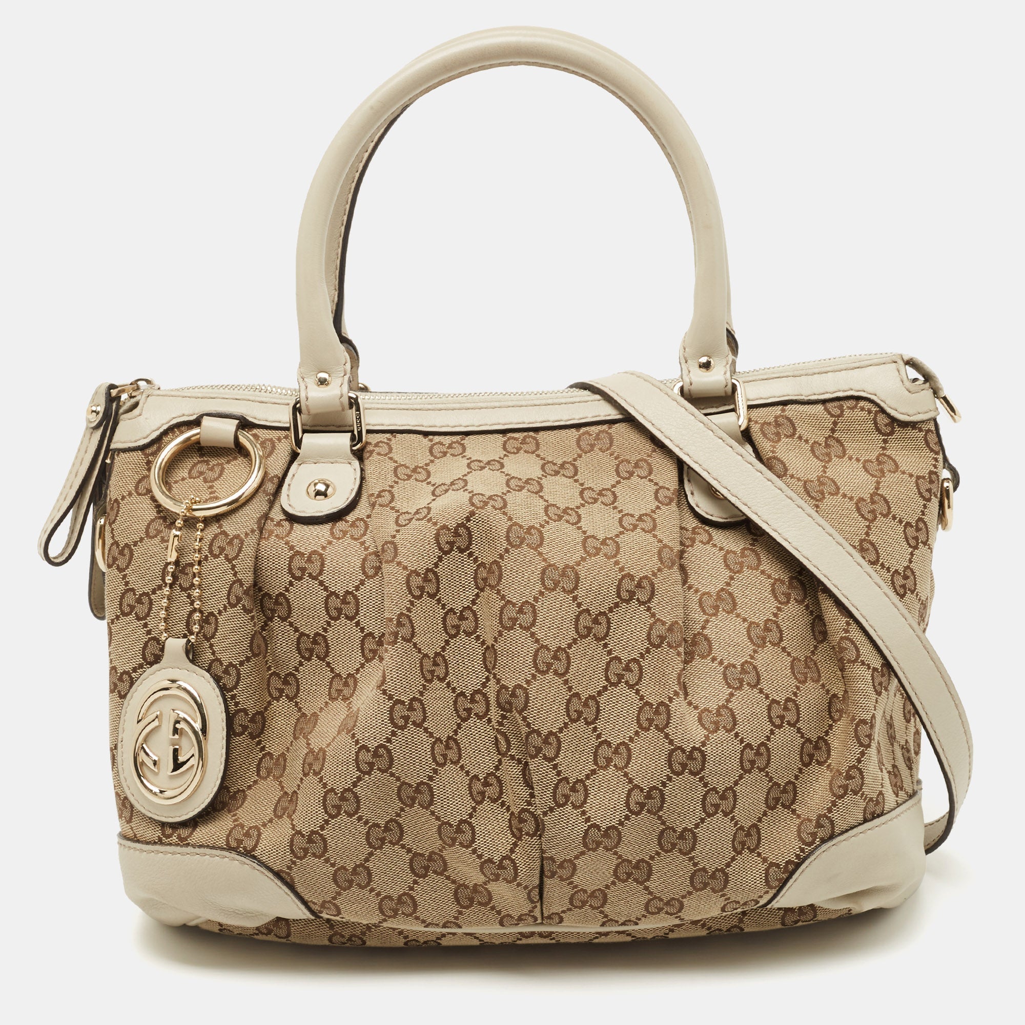 Gucci BeigeCream GG Canvas and Leather Medium Sukey Tote