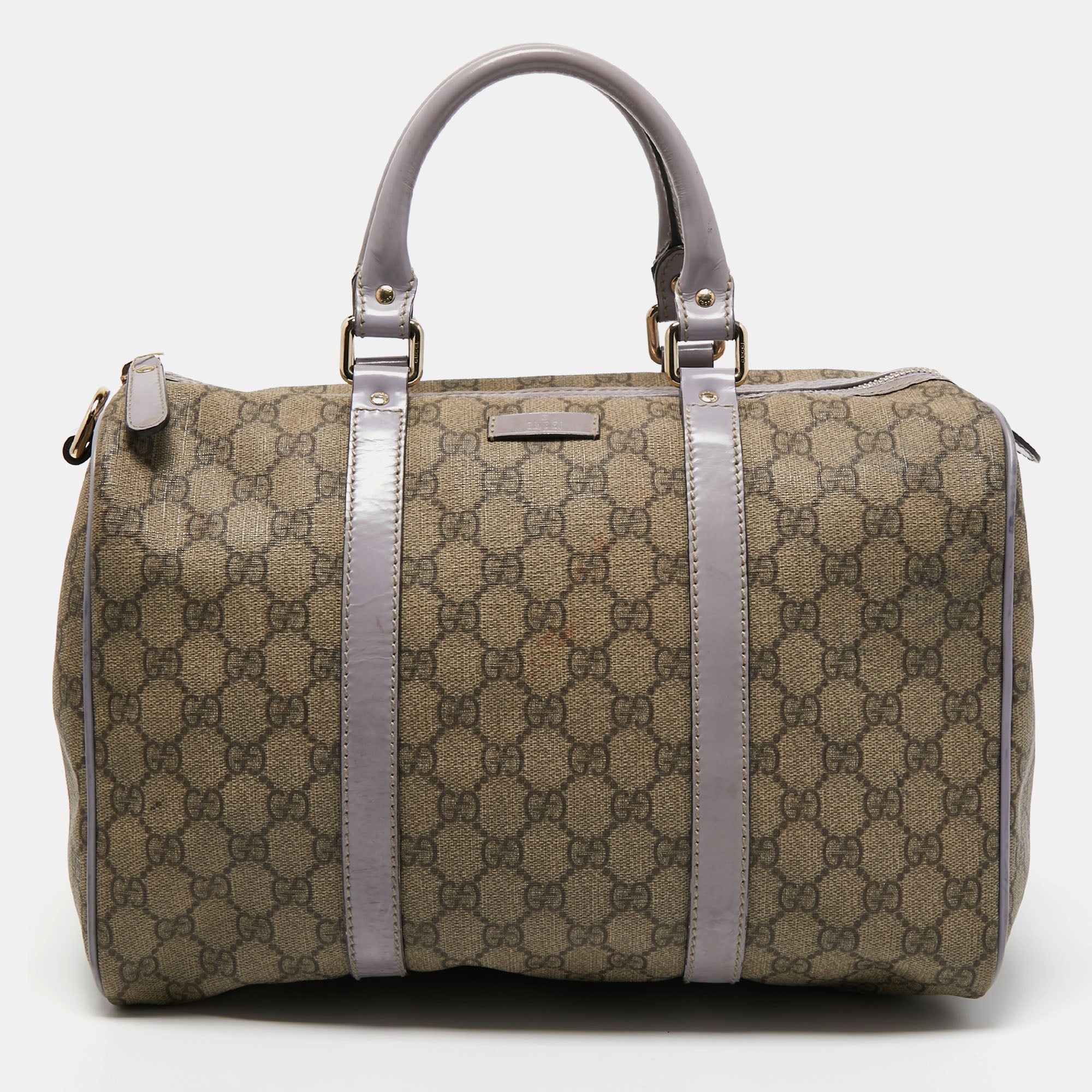 Gucci BeigePurple GG Supreme Canvas and Patent Leather Joy Boston Bag