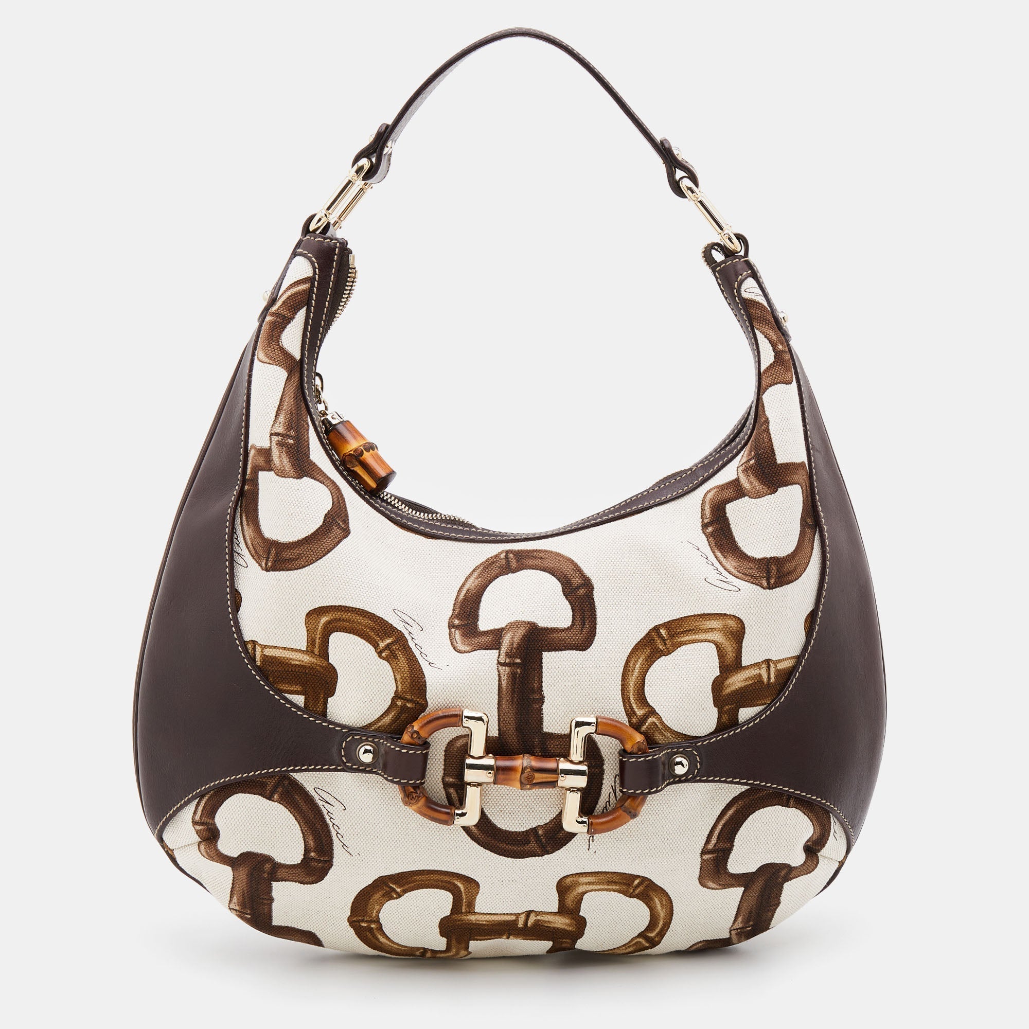 Gucci BrownOff White Bamboo Horsebit Print Canvas Amalfi Hobo