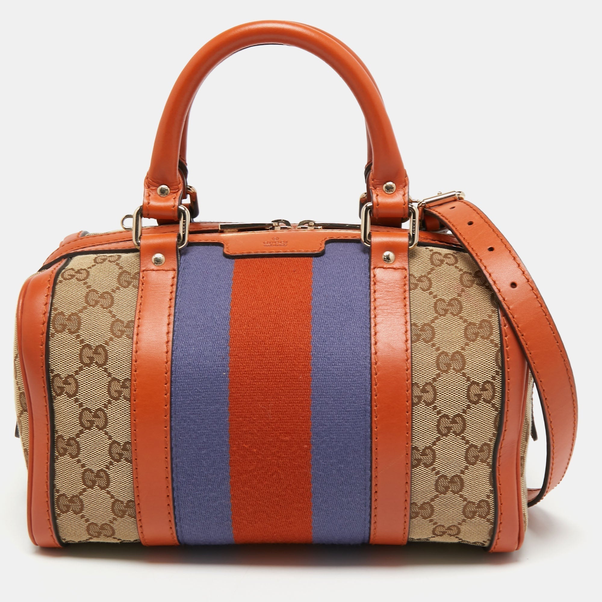 Gucci BeigeOrange GG Canvas and Leather Small Vintage Web Boston Bag