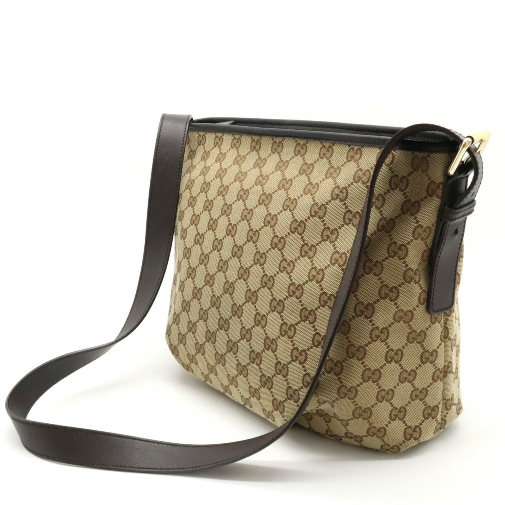GUCCI GG Canvas Shoulder Bag Leather Khaki Beige Dark Brown 388930