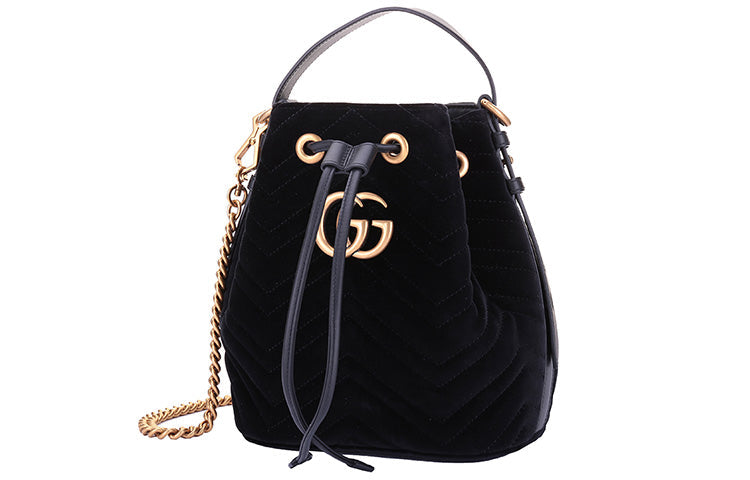 GUCCI GG Marmont Gold Label Logo Velvet Drawstring Bucket Bag Chain Handbag Black 5250819FRDT1000