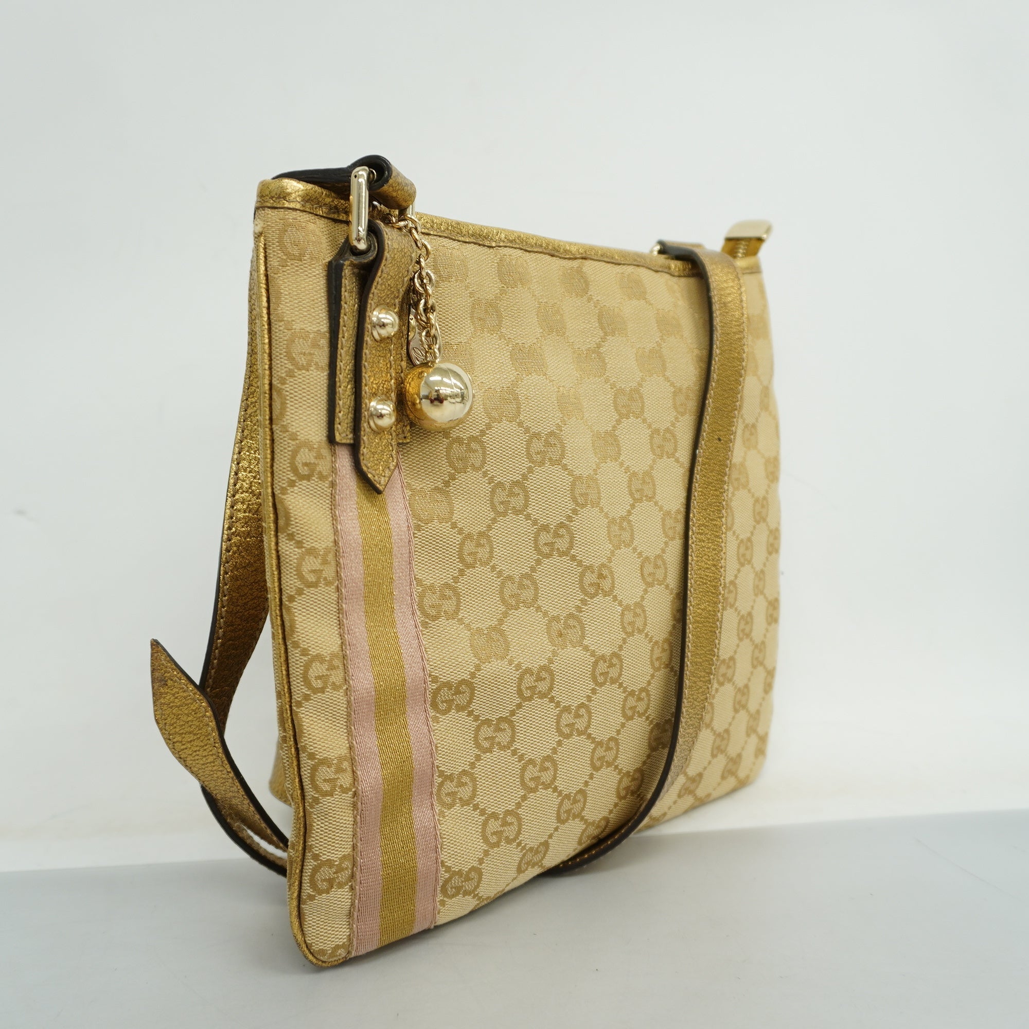 GUCCI GG Canvas Shoulder Bag 144388 Women's Leather Beige,Gold