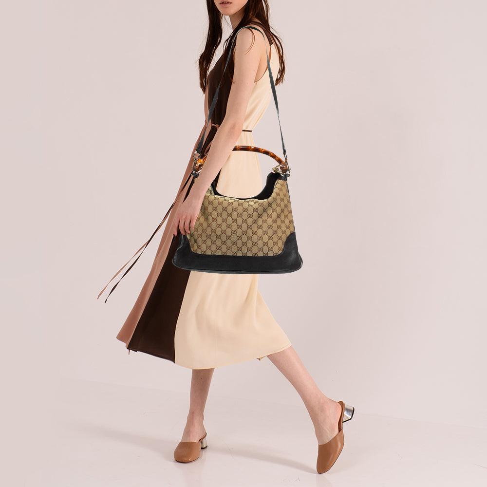 Gucci BeigeEbony GG Canvas and Leather Bamboo Shoulder Bag