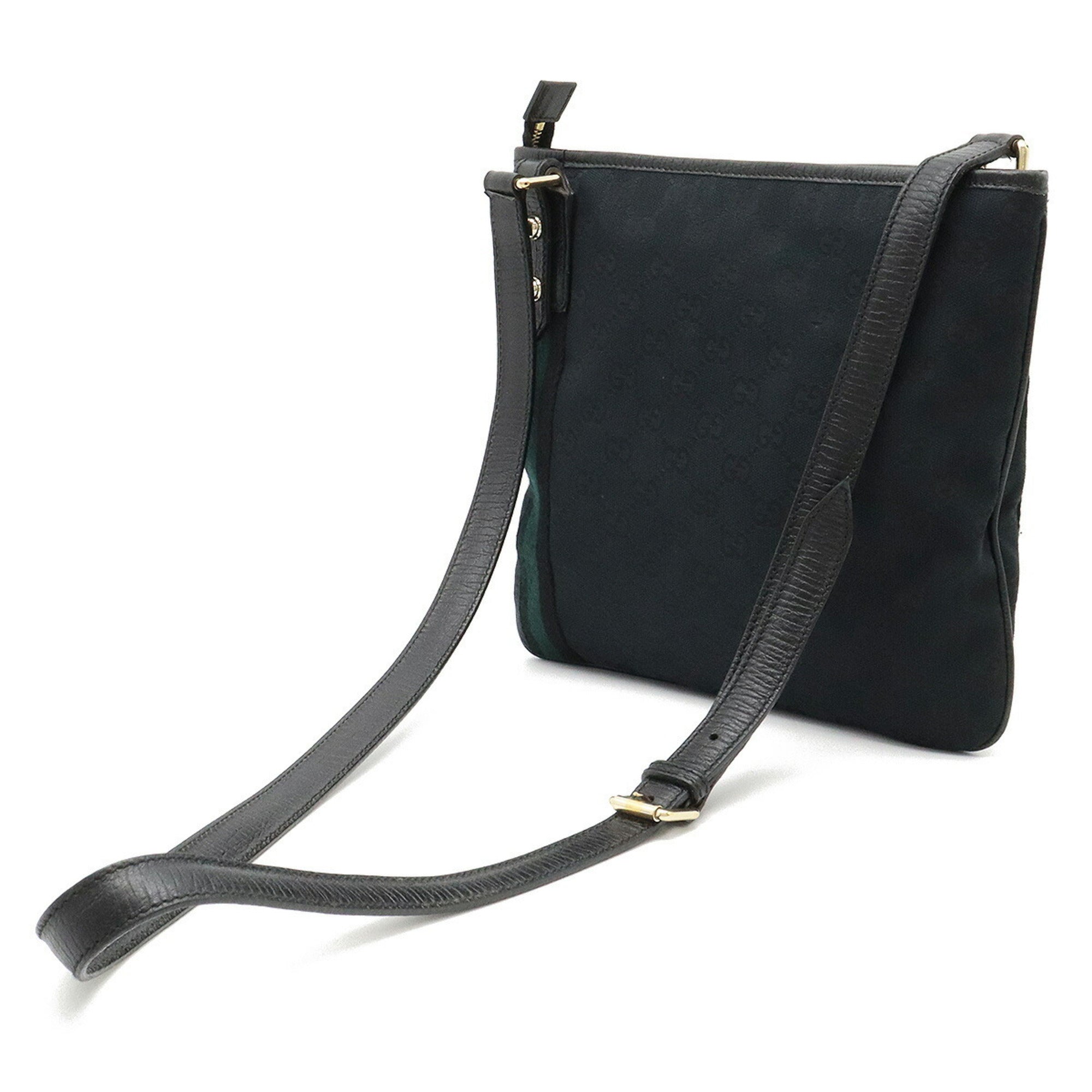 GUCCI GG Canvas Sherry Line Shoulder Bag Leather Black Green 144388