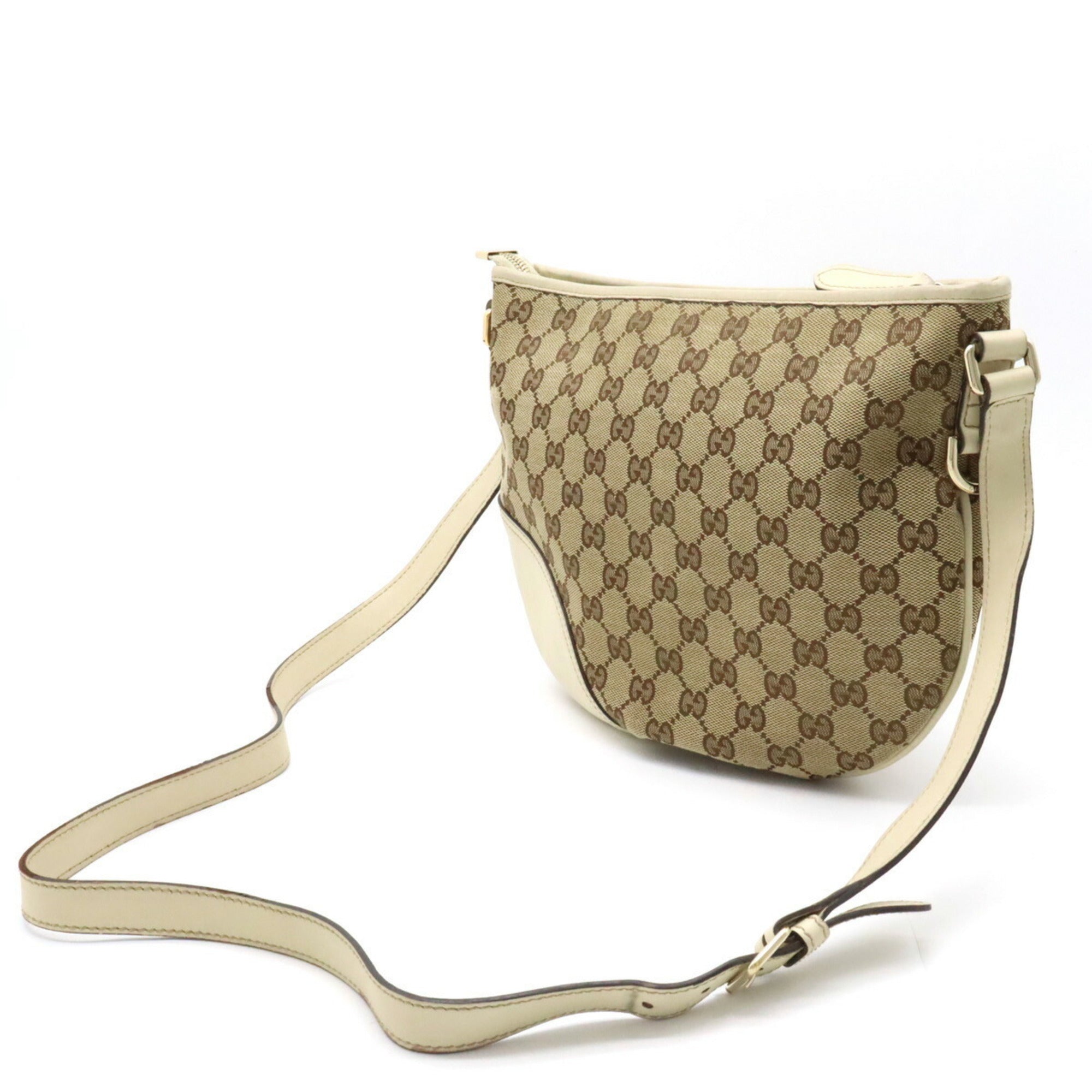 GUCCI GG Canvas Shoulder Bag Leather Khaki Beige Ivory White 169998