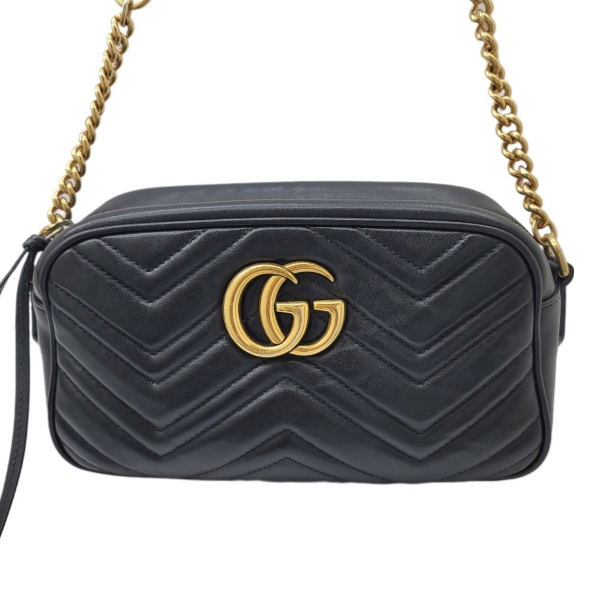 GUCCI GG Marmont Chain Shoulder Bag 447632 Leather Black Gold G Hardware Camera Women Men Unisex
