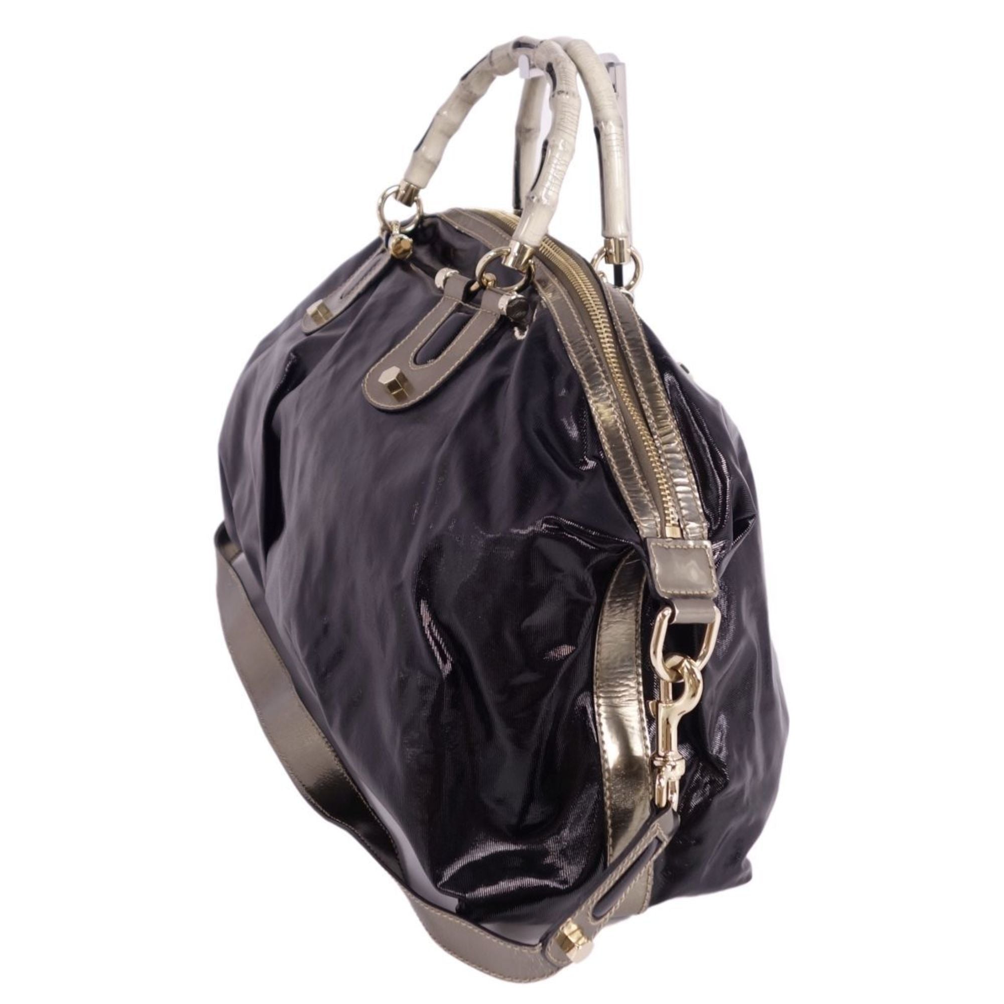 GUCCI bag 2way Boston canvas leather bamboo men's women's blackgold