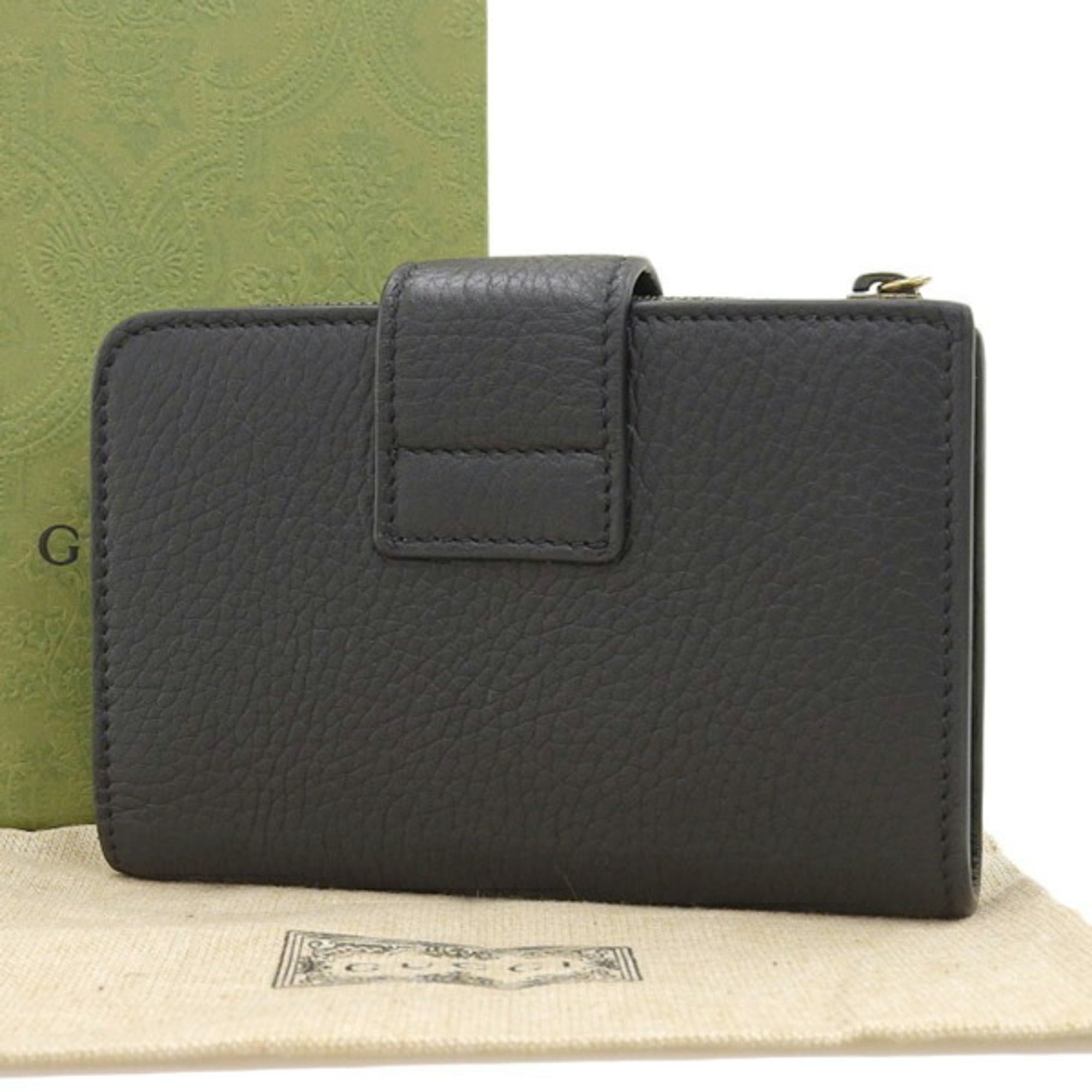 GUCCI Bamboo Leather Double G Medium Lshaped Bifold Wallet 739498 Black Women's