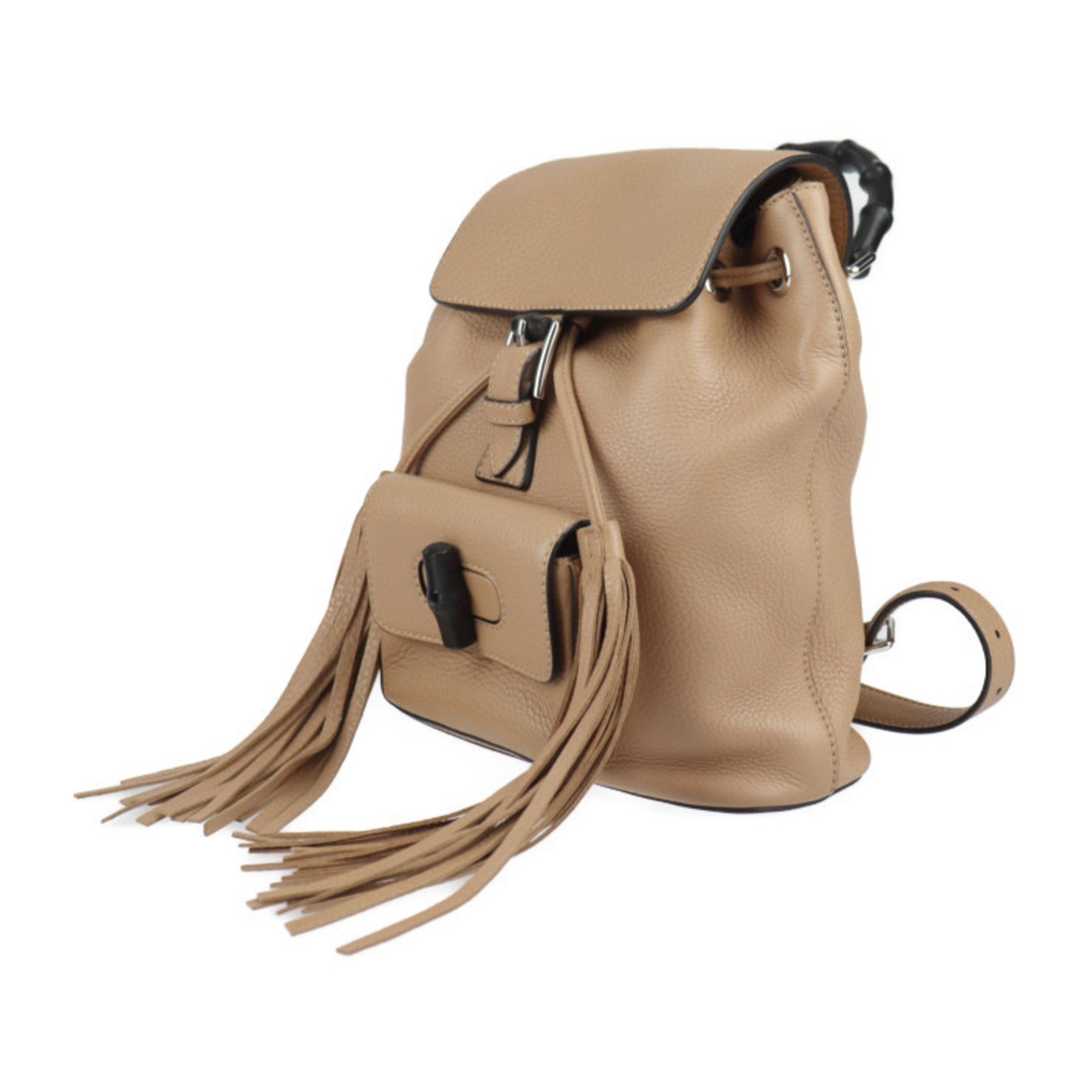 GUCCI Bamboo BackpackDaypack 387149 Leather Beige Silver Hardware Backpack Tassel