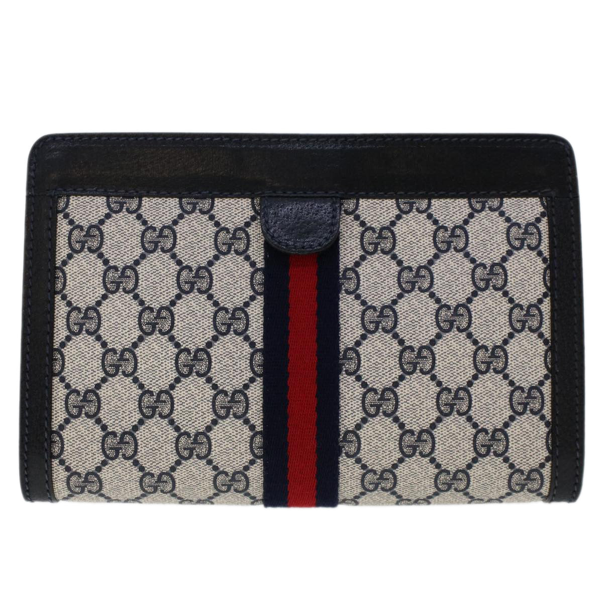 GUCCI GG Canvas Sherry Line Clutch Bag PVC Leather Navy Red yk7884