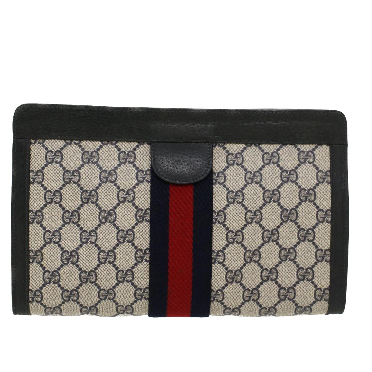 GUCCI GG Canvas Sherry Line Clutch Bag Gray Red Navy 89.01.002 45958