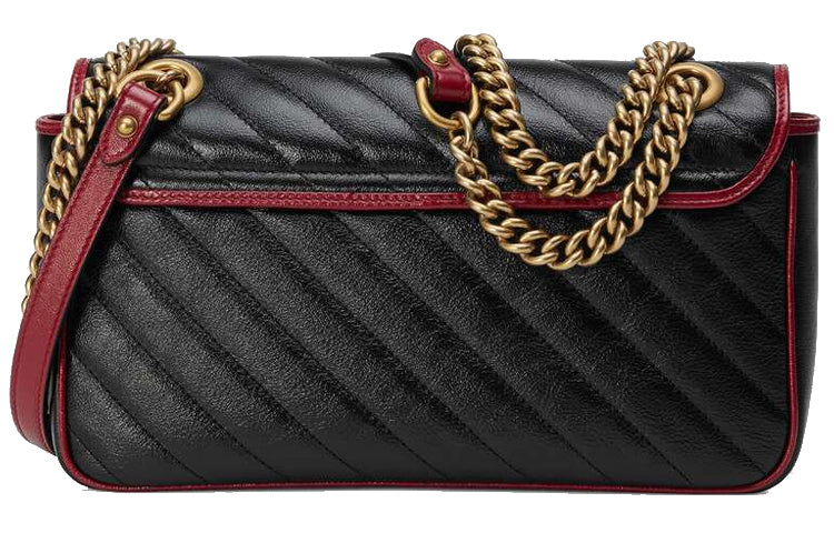 GUCCI GG Marmont Gold Logo Colorblock Leather Chain Shoulder Messenger Bag Small Black Red Retro 4434970OLFX8277