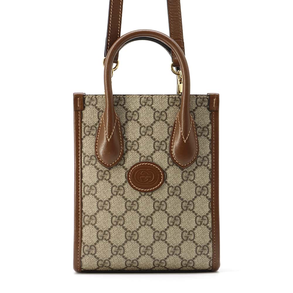 GUCCI Interlocking G 2WAY Mini Tote Bag BeigeBrown 671623 GG SupremeCanvas Leather