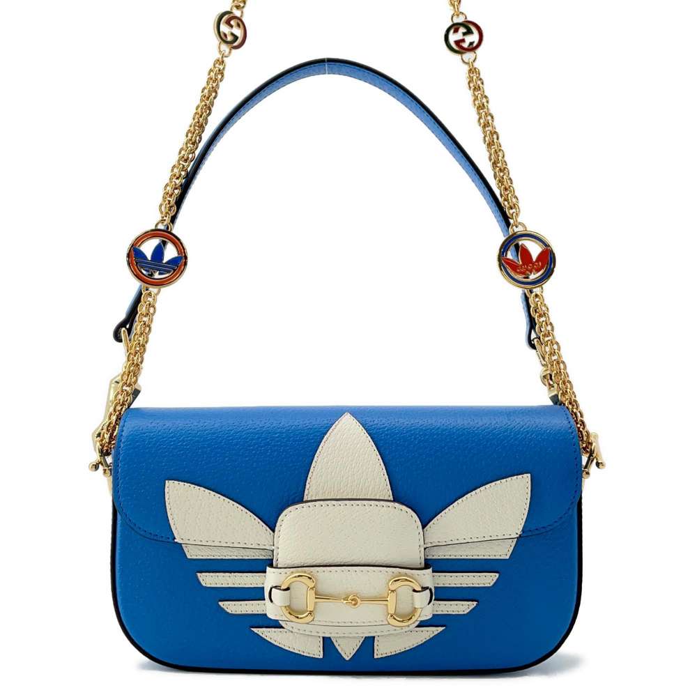 GUCCI Adidas collaboration Horsebit1955 ChainShoulder Bag WhiteBlue 722009 Leather Size Small