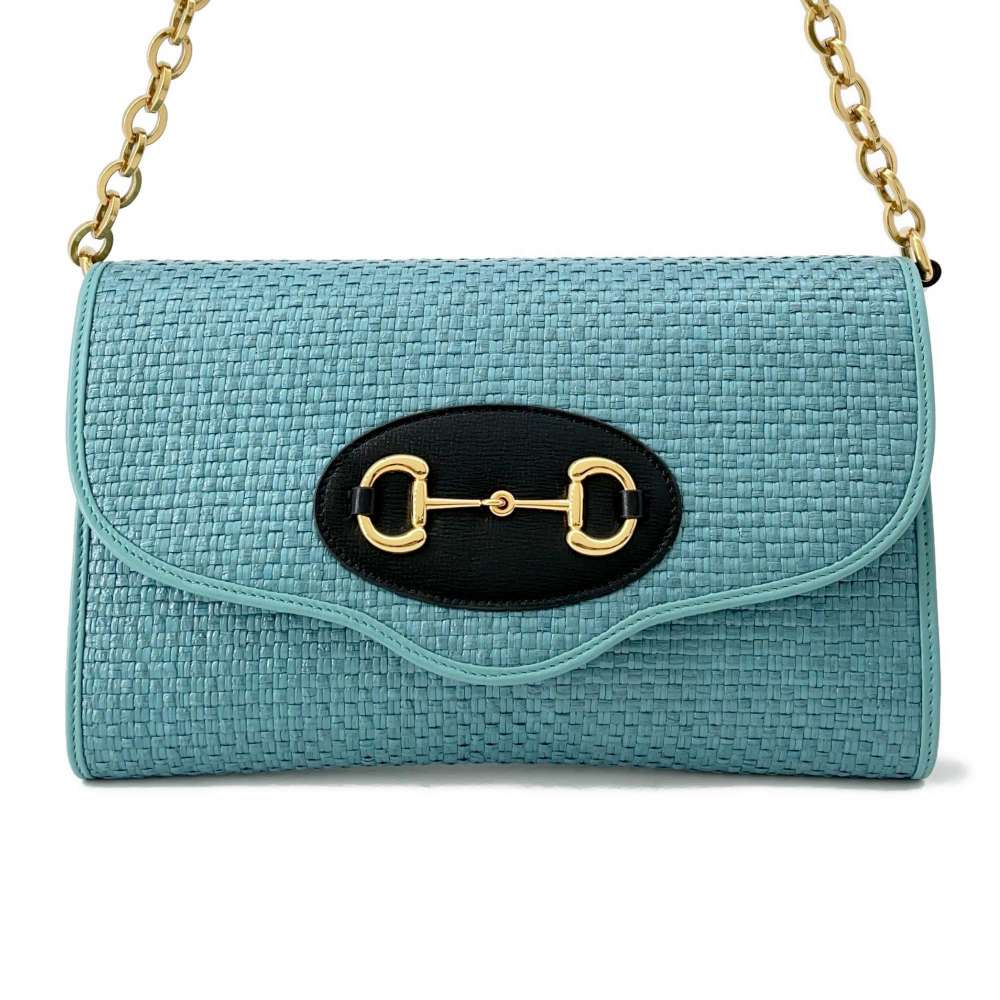 GUCCI Horsebit 1955 2wayChainShoulder Bag Blue 655667 Straw Leather