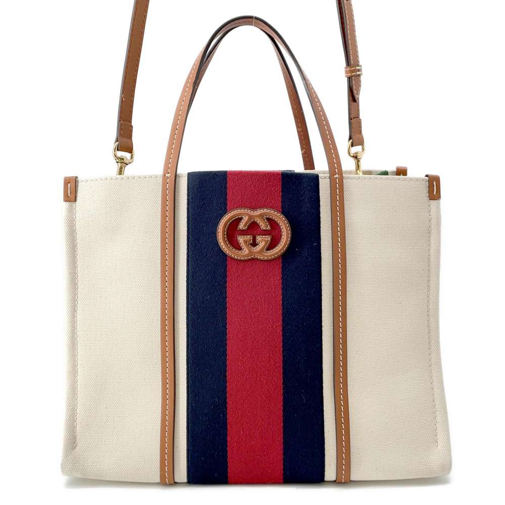 GUCCI Interlocking G 2way Tote Bag NaturalBlueRed 727721 Canvas Leather Size Medium
