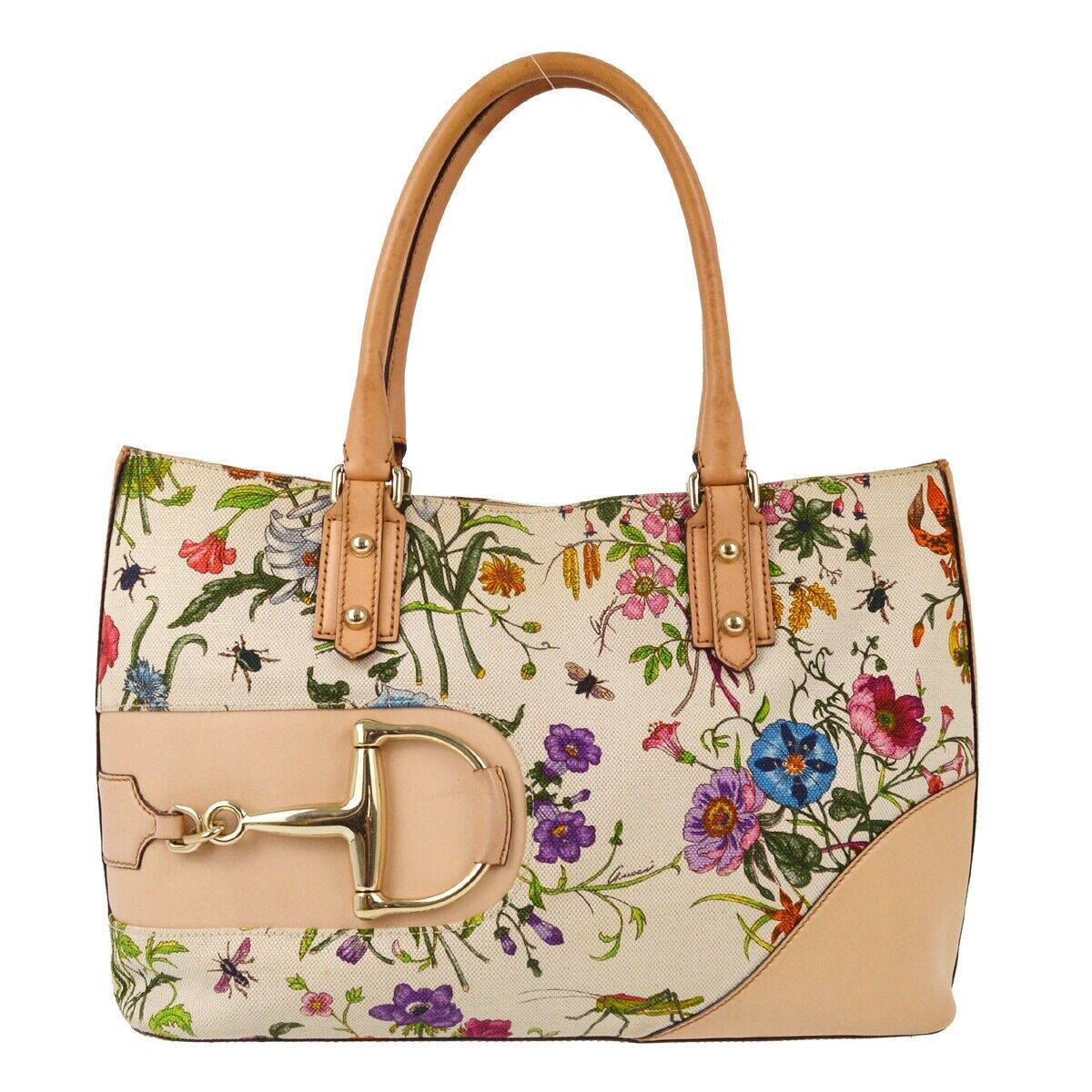 Gucci Beige Flower Horsebit Tote Handbag