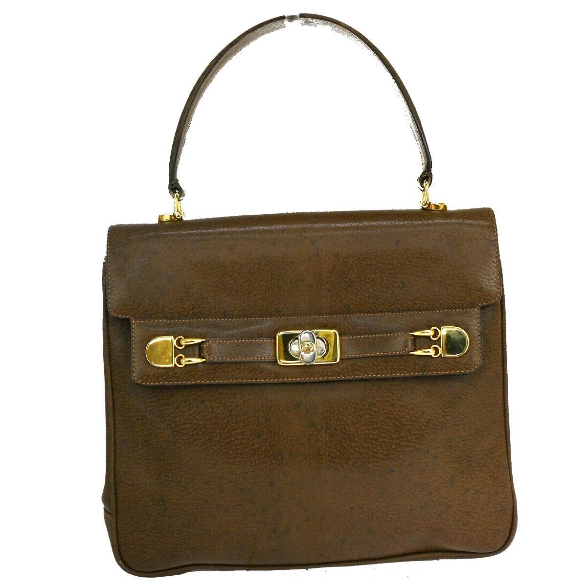 Gucci Logo Hand Bag Leather Brown Gold