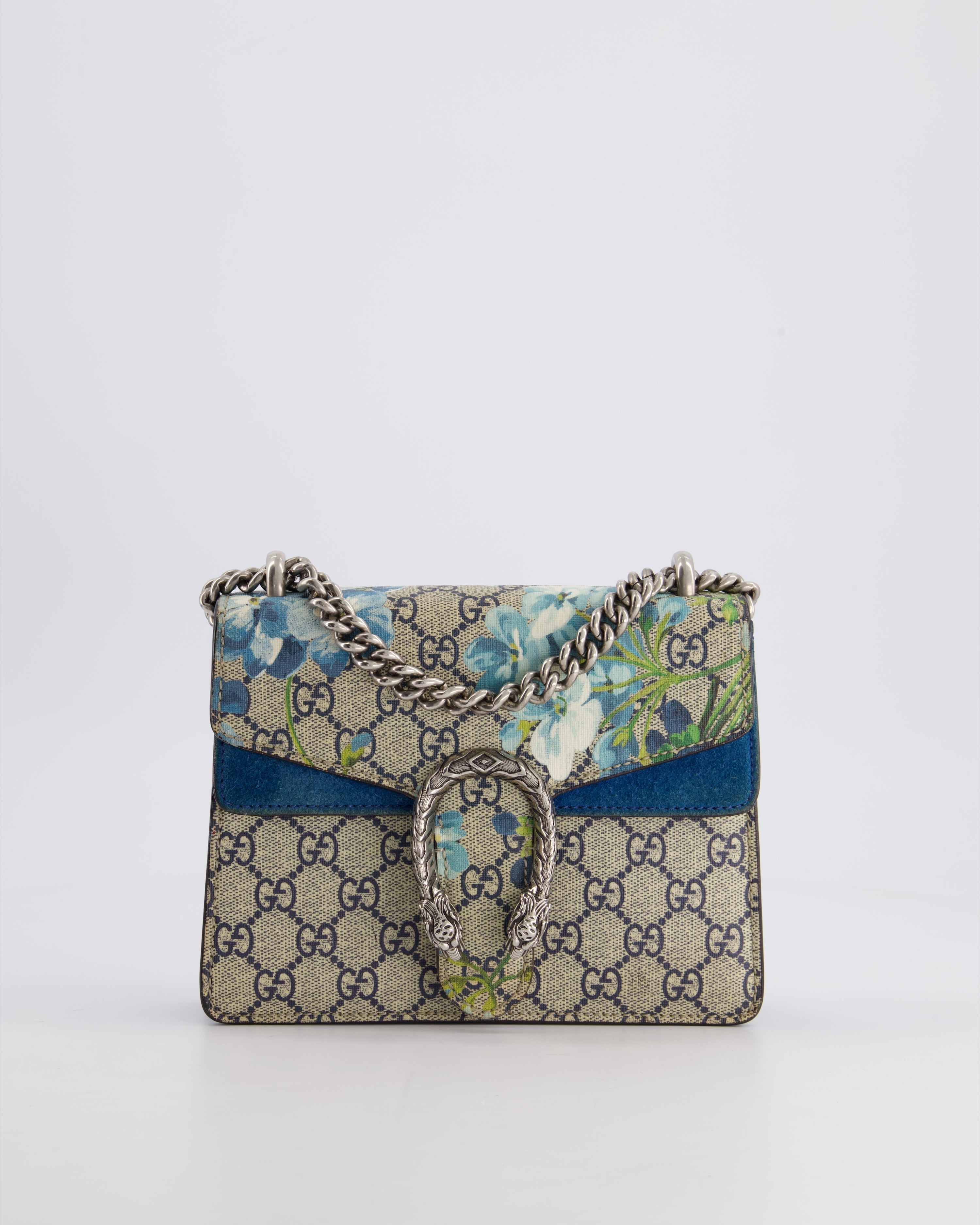 Gucci Brown and Blue Floral Canvas Mini Supreme Dionysus Crossbody Bag With Ruthenium Hardware