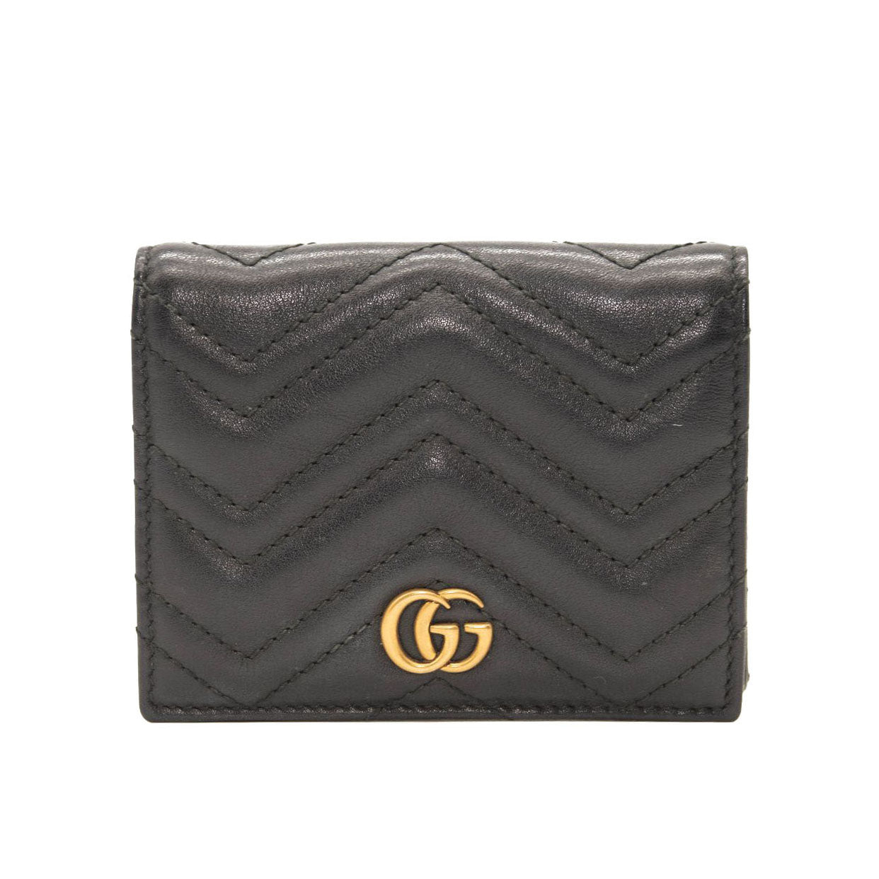 Gucci Calfskin Matelasse GG Marmont Card Case Wallet Black Women blackTopHandle Bags