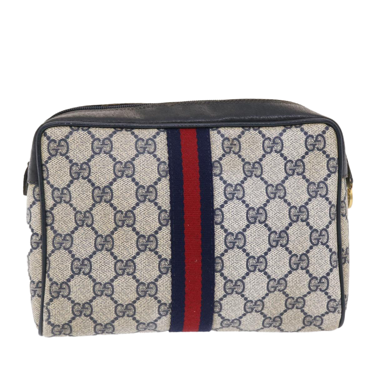 GUCCI GG Canvas Sherry Line Clutch Bag Gray Red Navy 140143553 tb799
