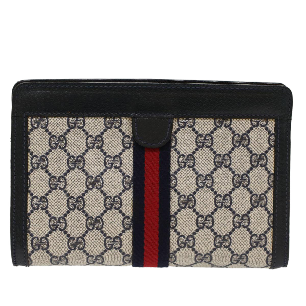 GUCCI GG Canvas Sherry Line Clutch Bag PVC Leather Gray Red Navy th3819