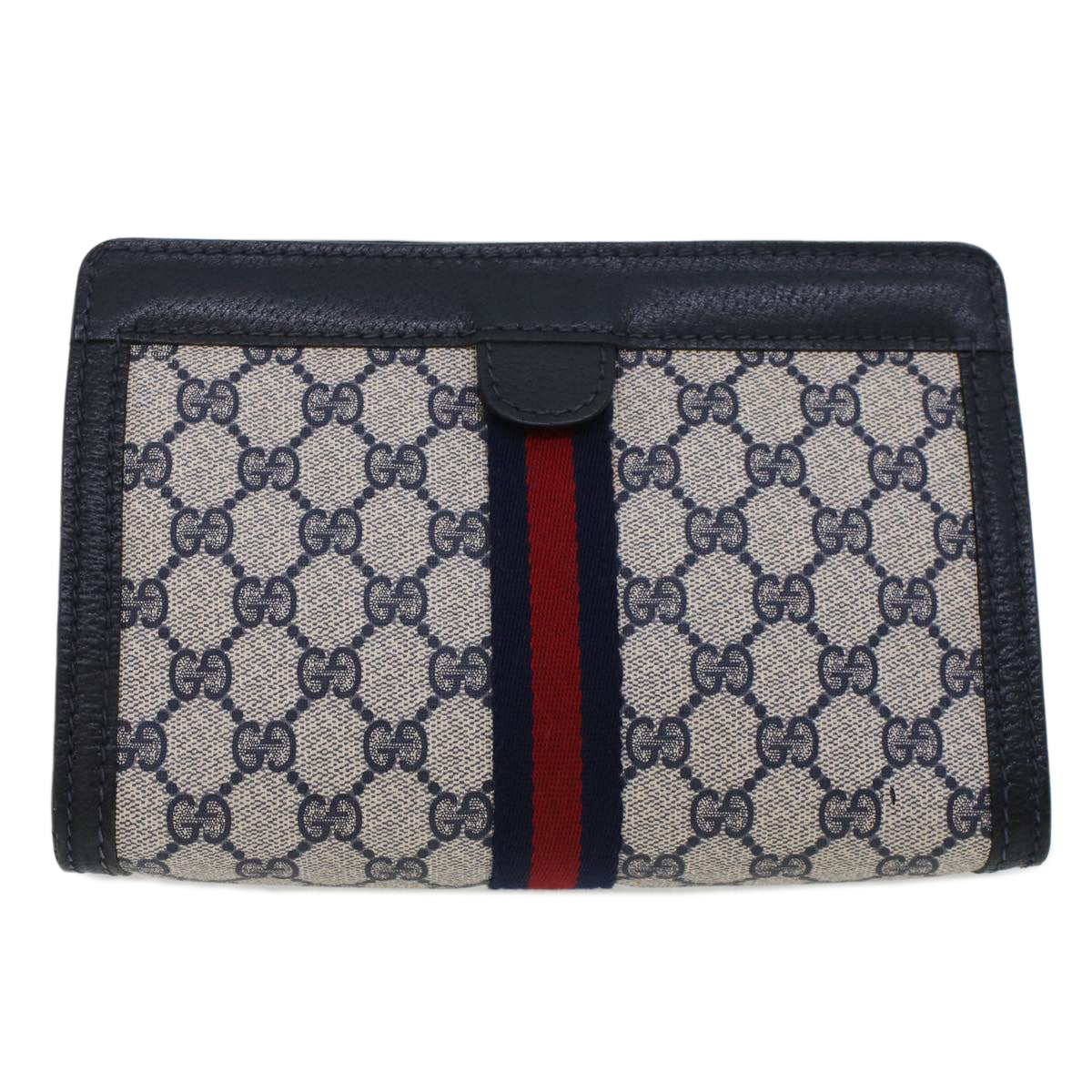 GUCCI GG Canvas Sherry Line Clutch Bag Gray Red Navy 64.014.2125.23 44752