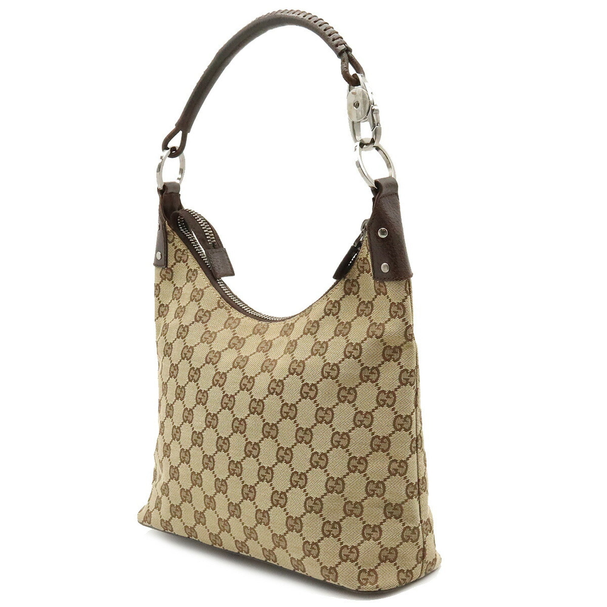 GUCCI GG Canvas Shoulder Bag Leather Beige Dark Brown 115003