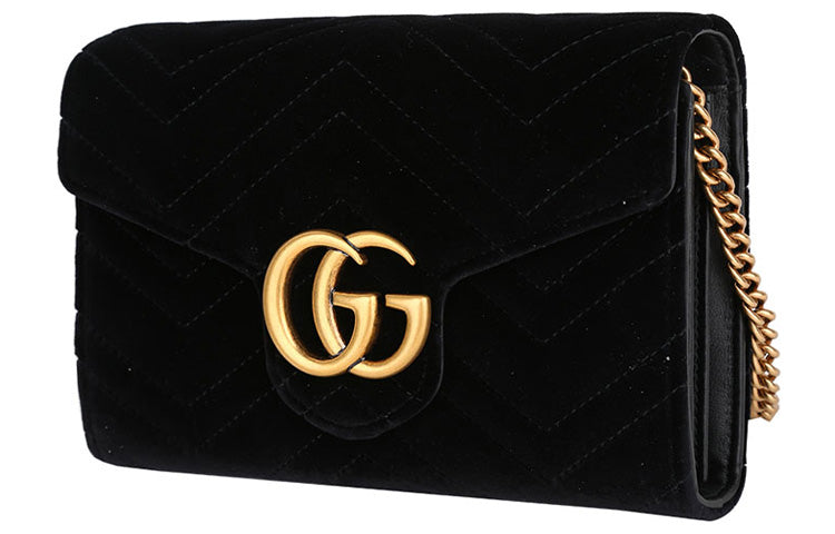 GUCCI Chain Shoulder Bag GG Marmont Chevron Quilted Black