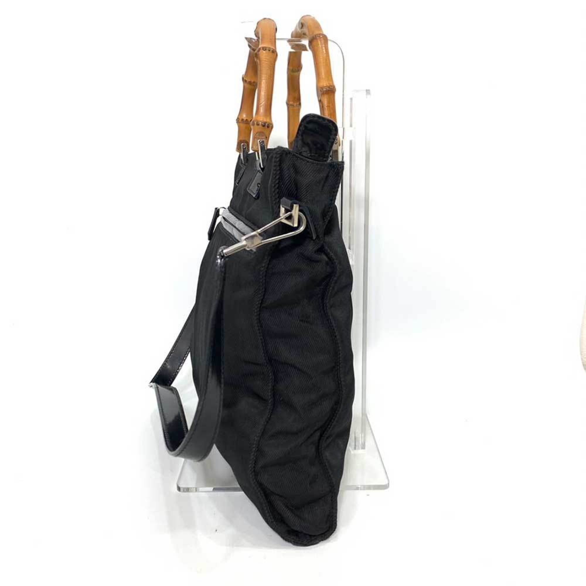 Gucci Bag Bamboo HandBag Black x Brown 2way Square Ladies Nylon Canvas Enamel Leather
