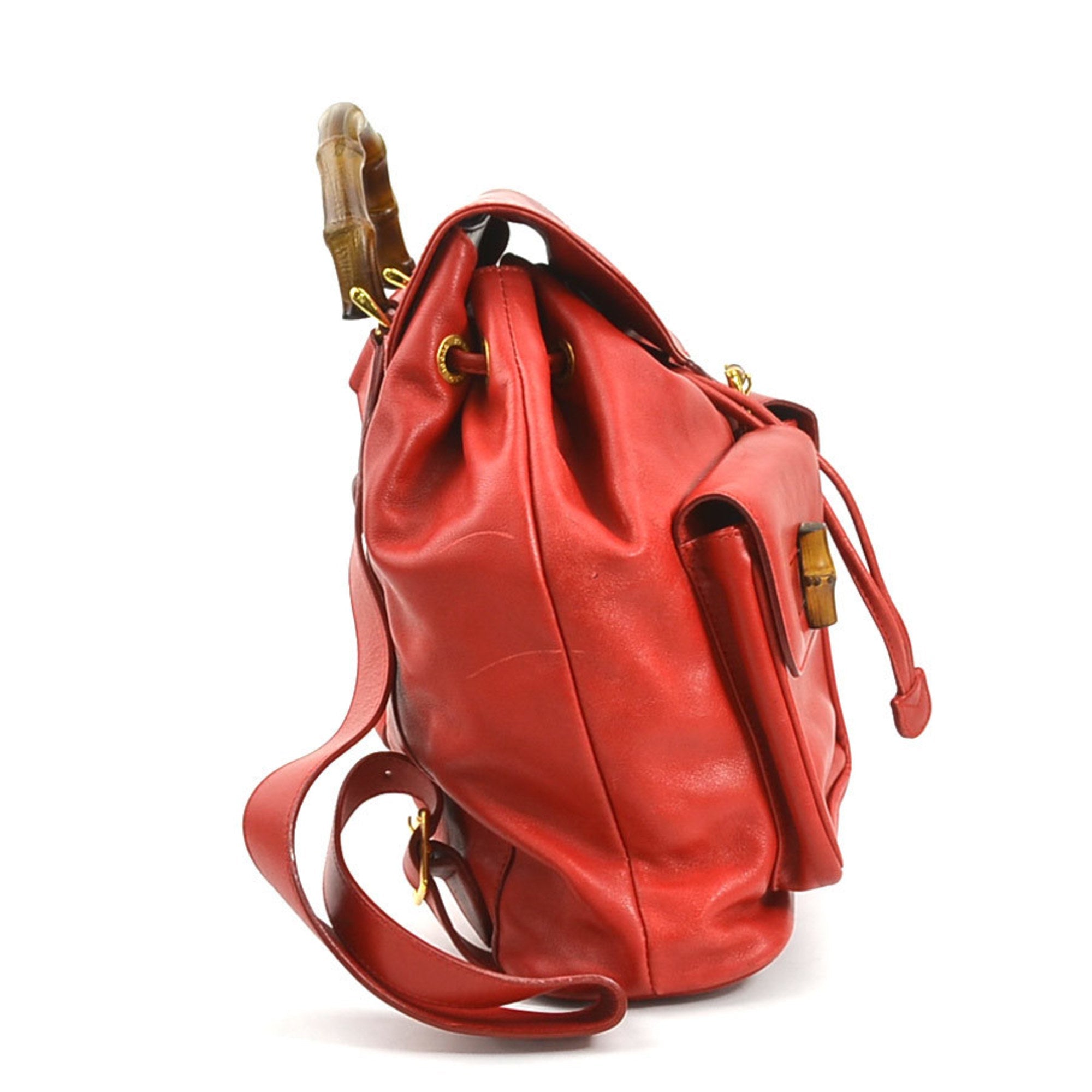 Gucci Backpack Bamboo Leather Red Gold Ladies