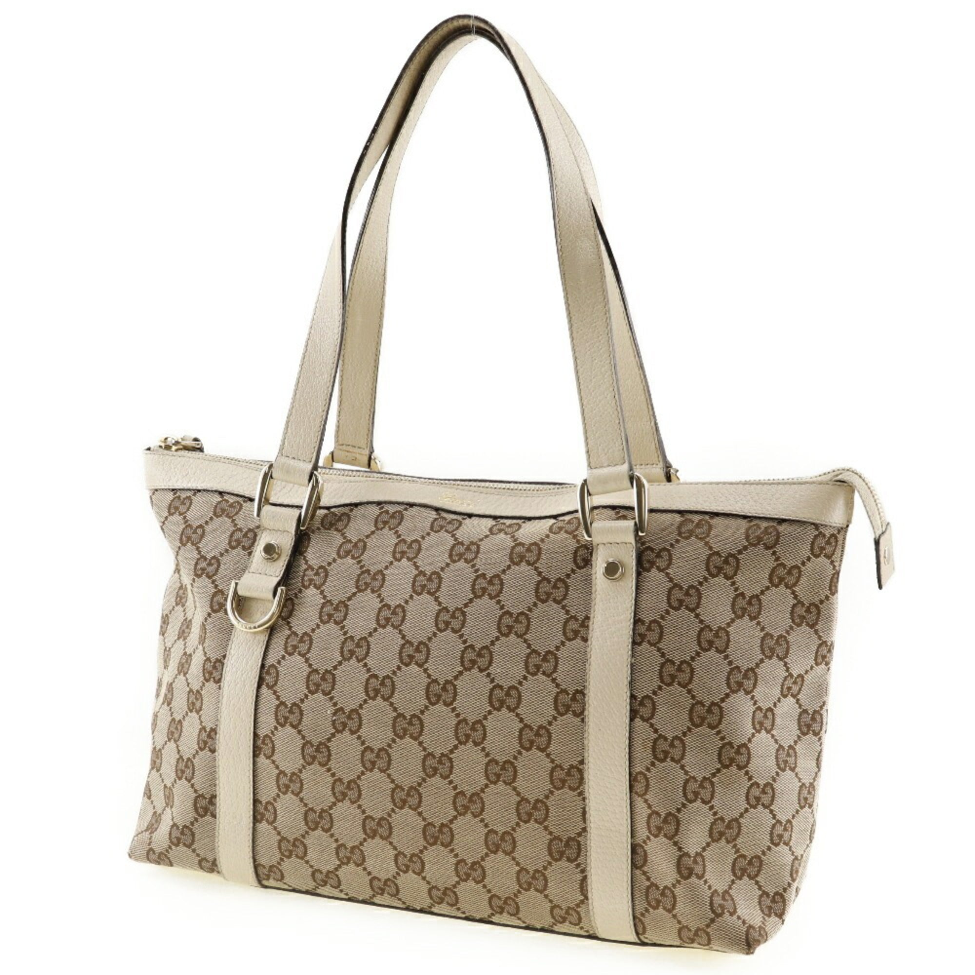 Gucci Abbey Line Tote Bag 141470 GG Canvas x Leather Made in Italy Beige Shoulder Zipper line Ladies