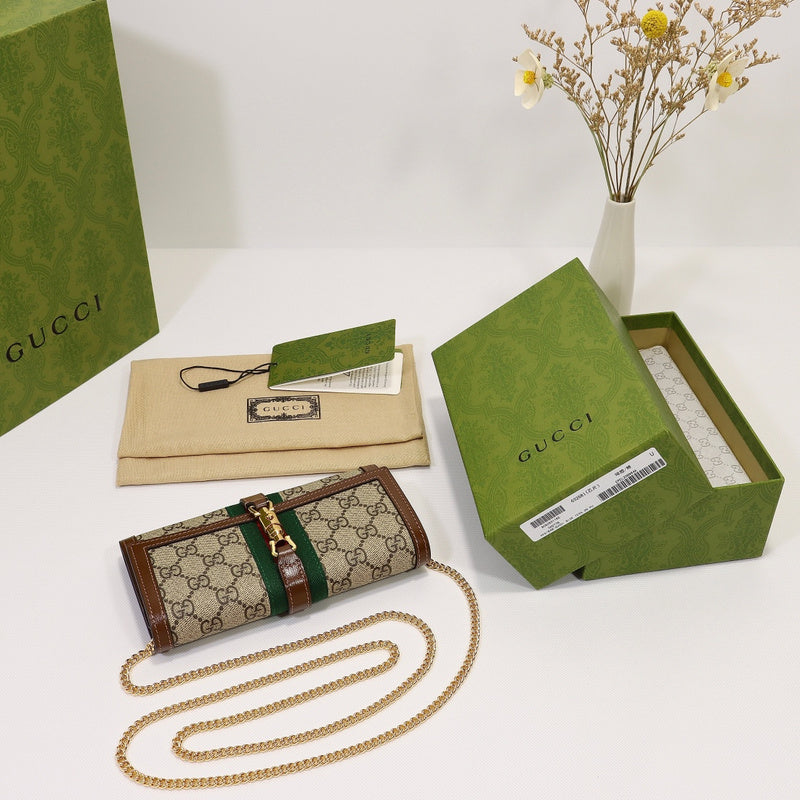 Gucci Jackie 1961 wallet on chain in beige and brown GG, Gucci Bags