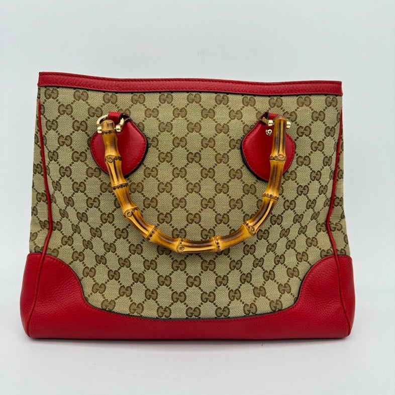 Gucci Bamboo Shopper Diana BeigeRed Canvas Large Tote Bag