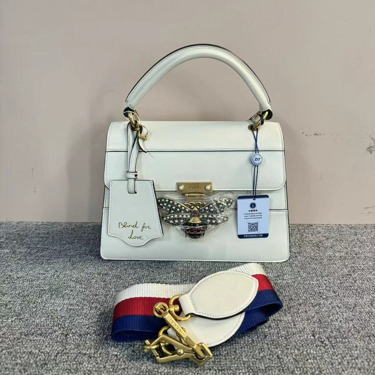 Gucci Bee Bag White, Medium Size Flap HandBag With Shoulder Strap