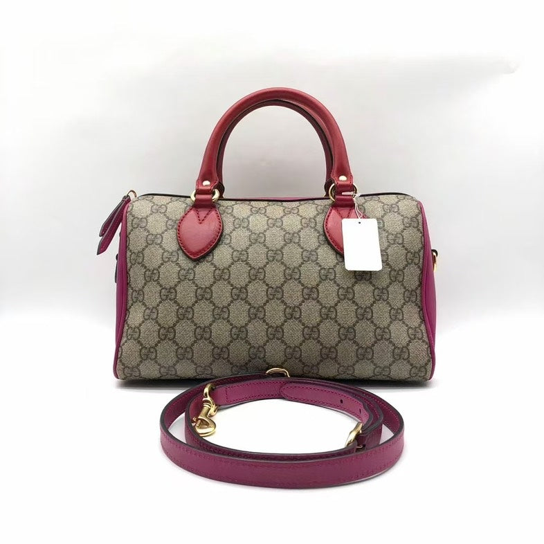 Gucci Beige Red GG Canvas Leather TwoWay Boston Bag Medium