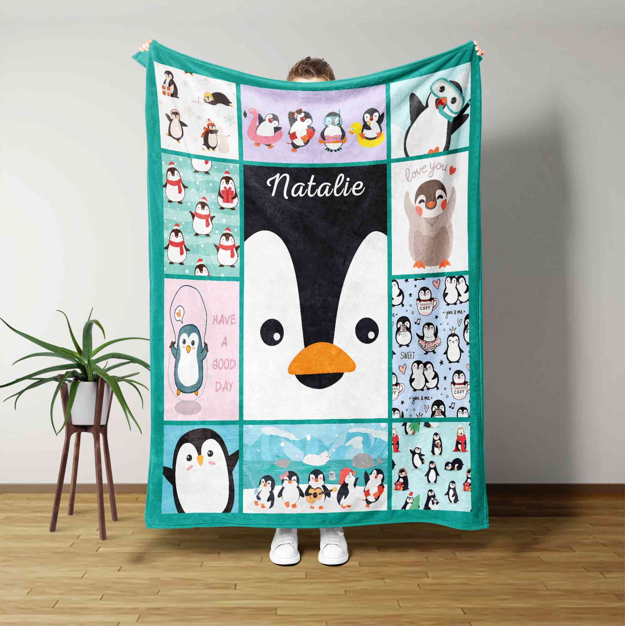 Penguin Baby Custom Name Blanket