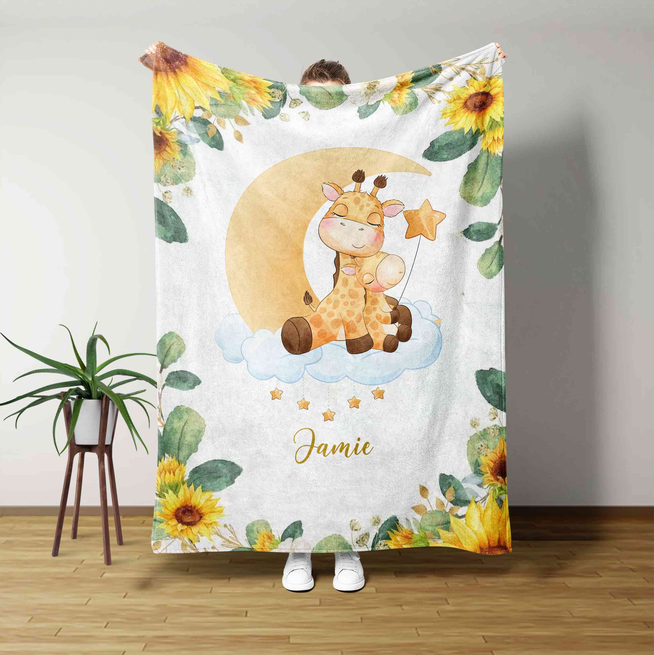 Giraffe And Sunflower Custom Name Blanket