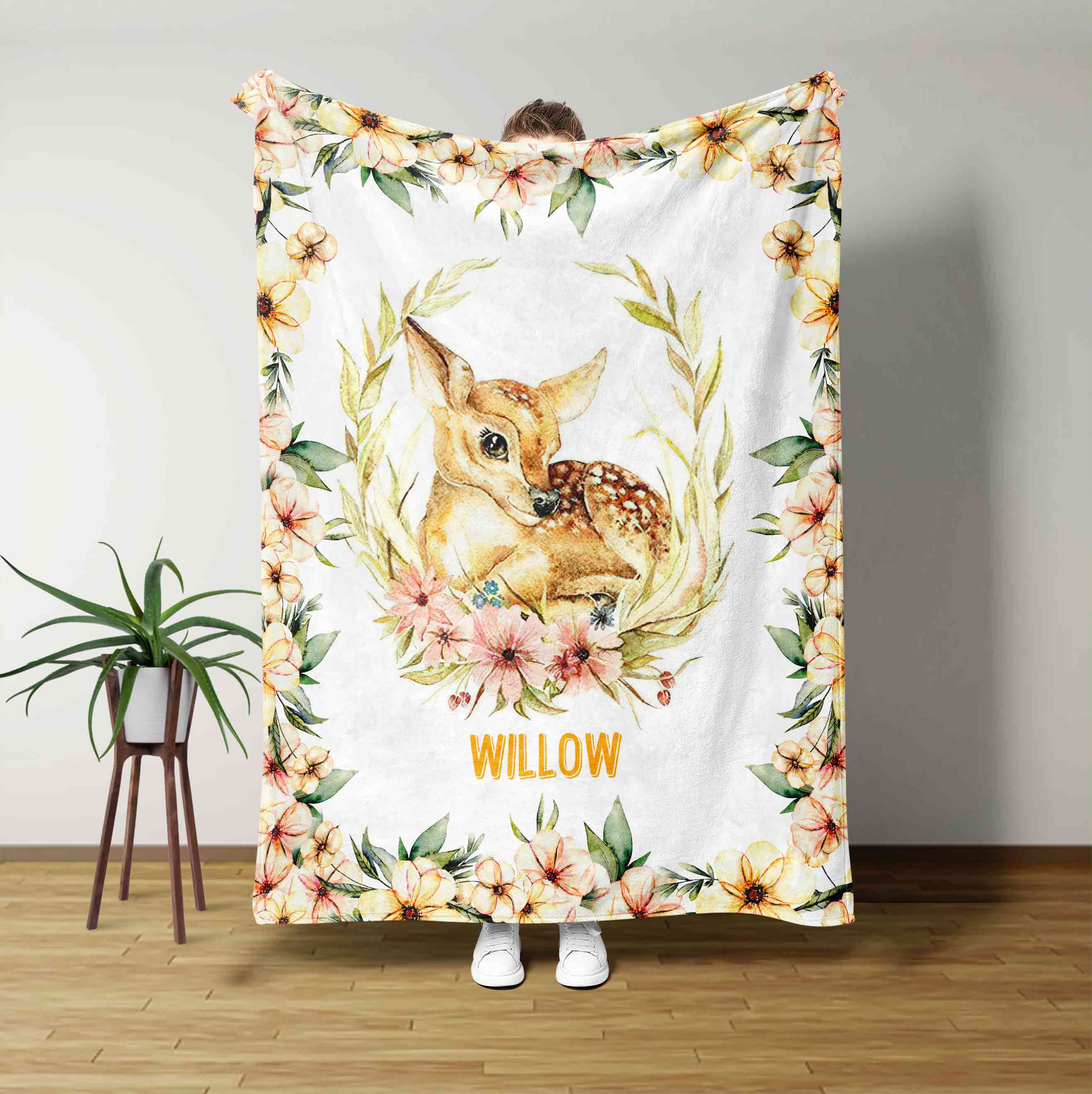 Deer And Flower Custom Name Blanket