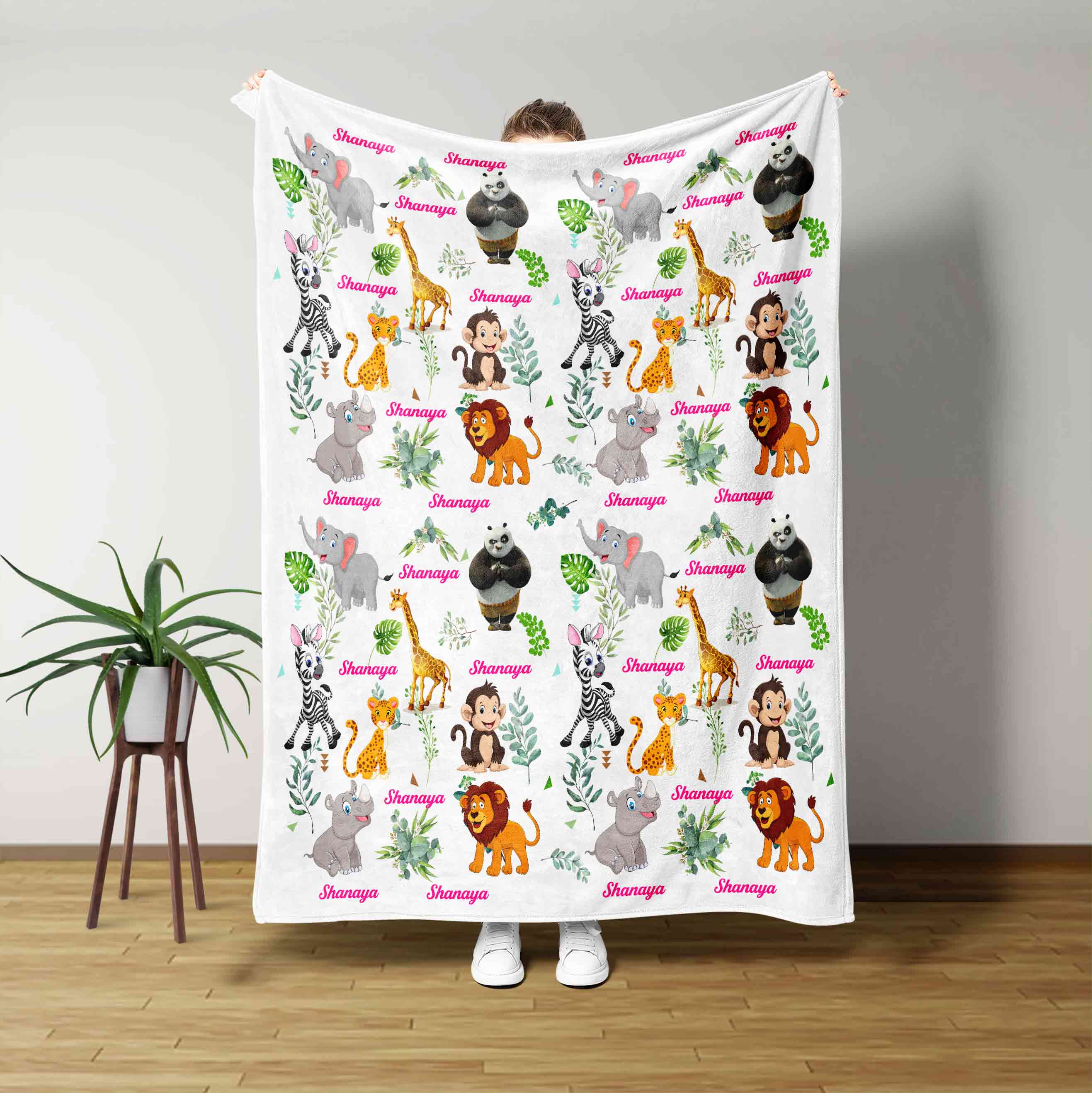 Woodland Animal Lion Panda Hippo Custom Name Blanket