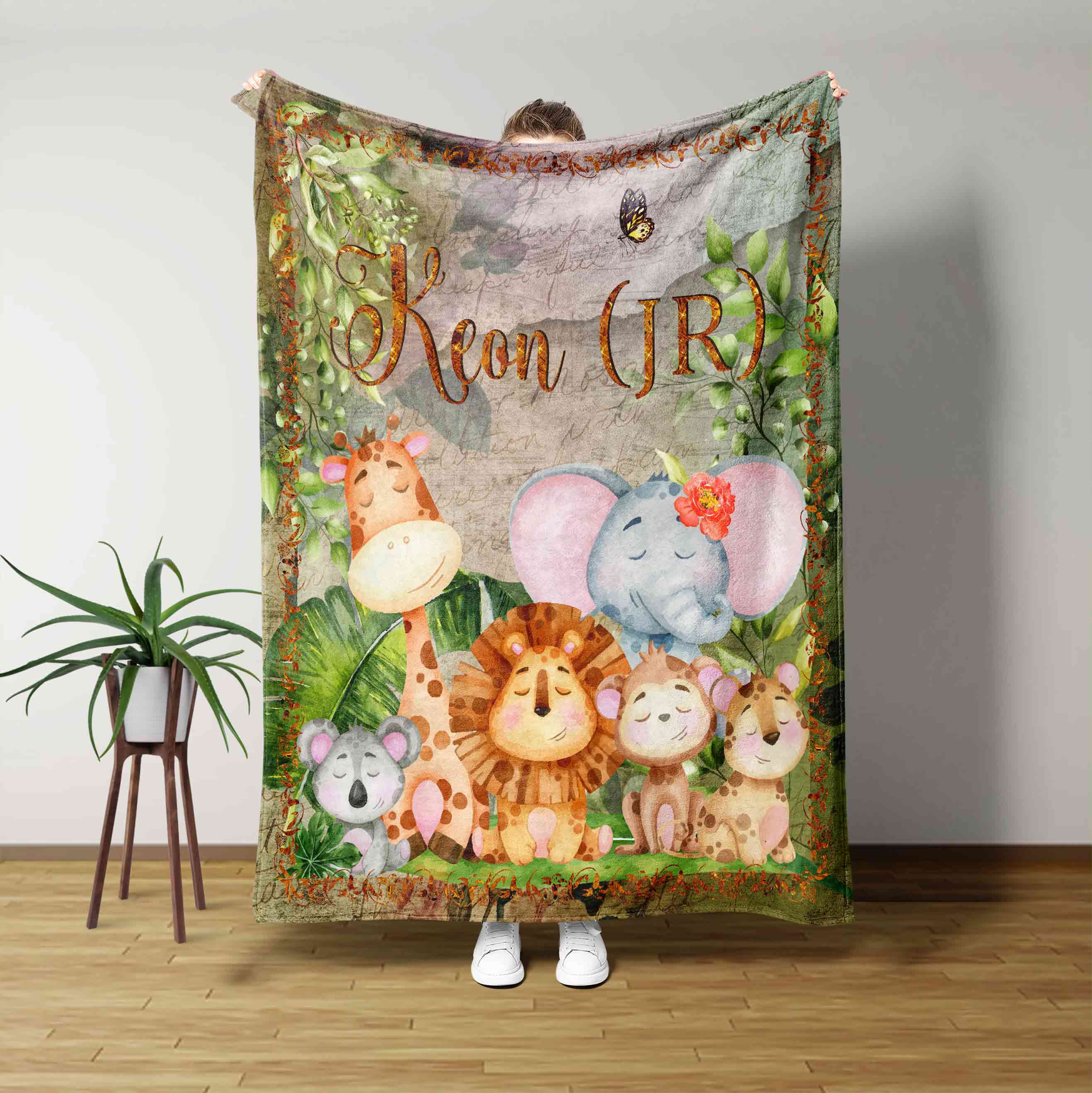 Animal Giraffe Elephant Lion Custom Name Blanket