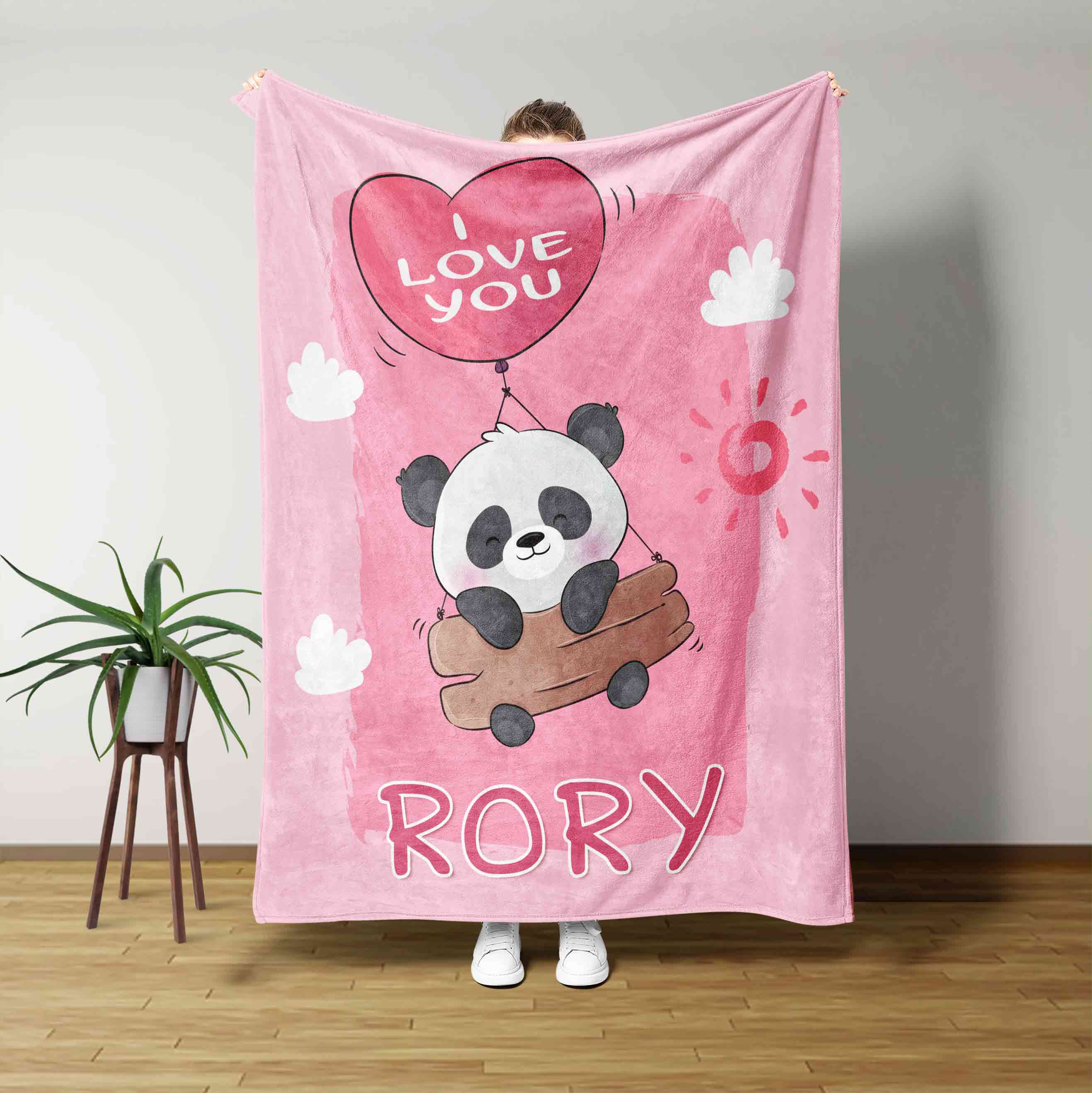 A Cute Panda Love Heart Balloon Custom Name Blanket