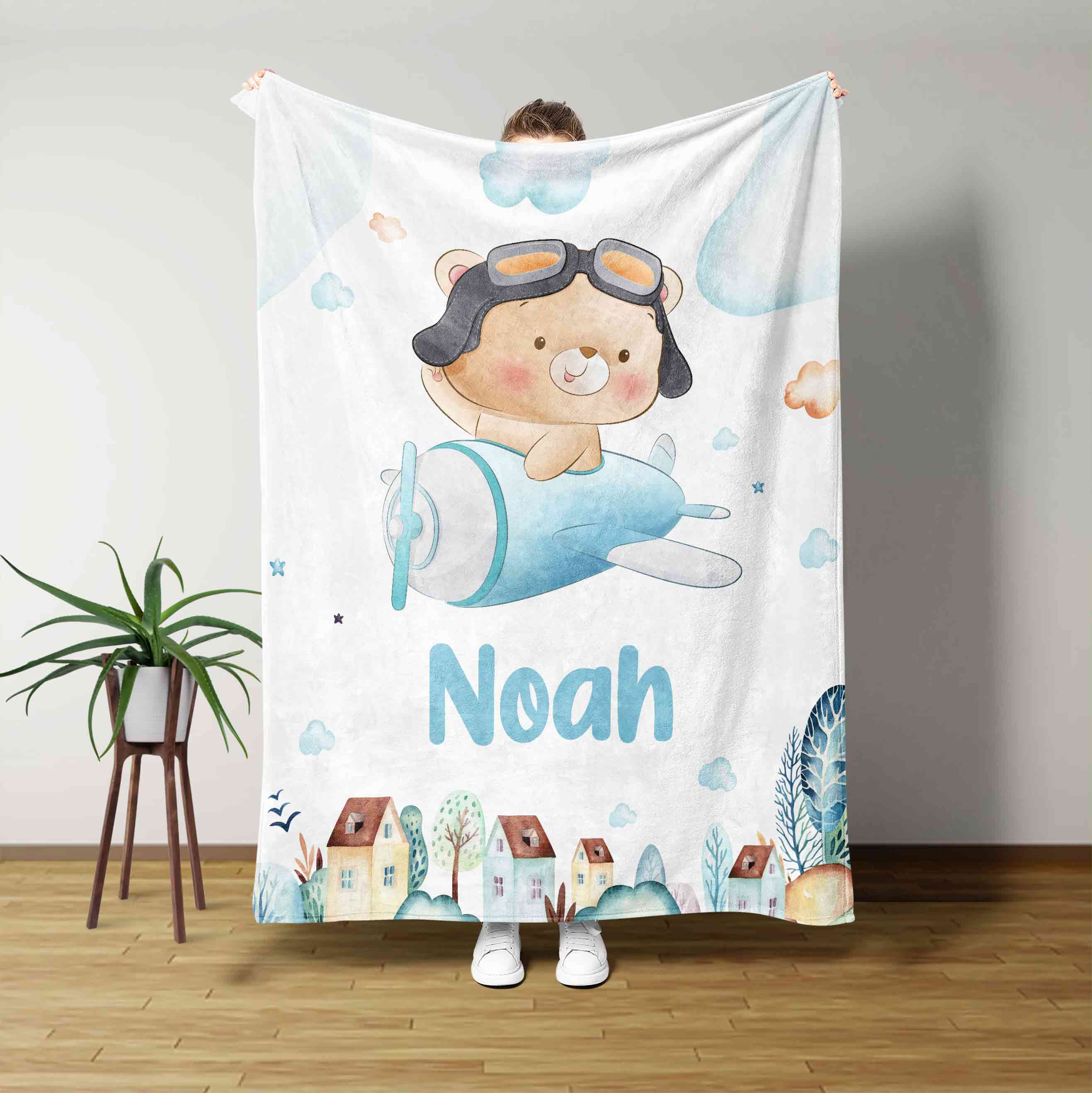 Cute Teddy Flying Airplane Custom Name Blanket