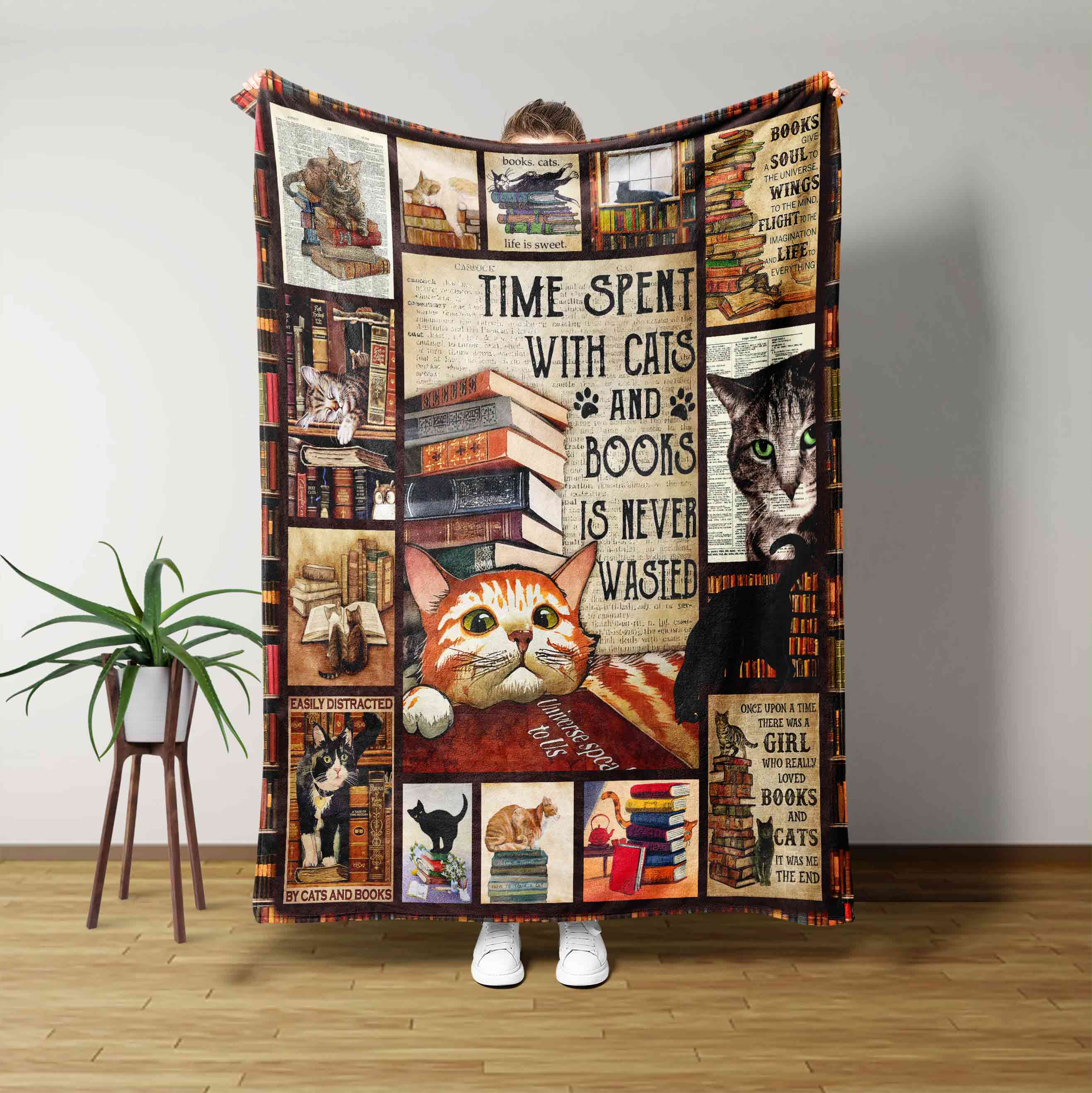 Time Spent With Cats And Books Is Never Wasted Blanket