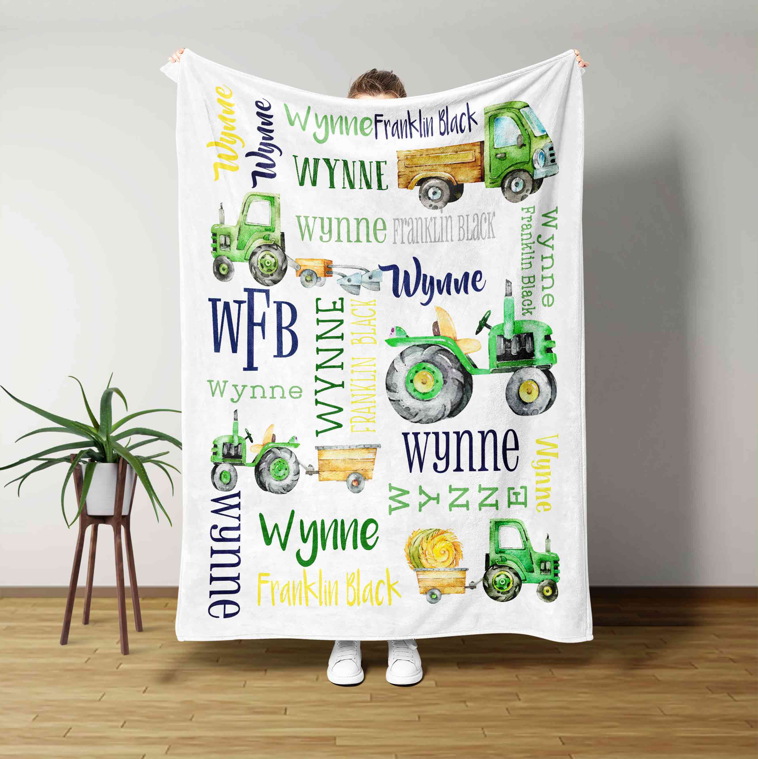Green Tractors Custom Name Blanket