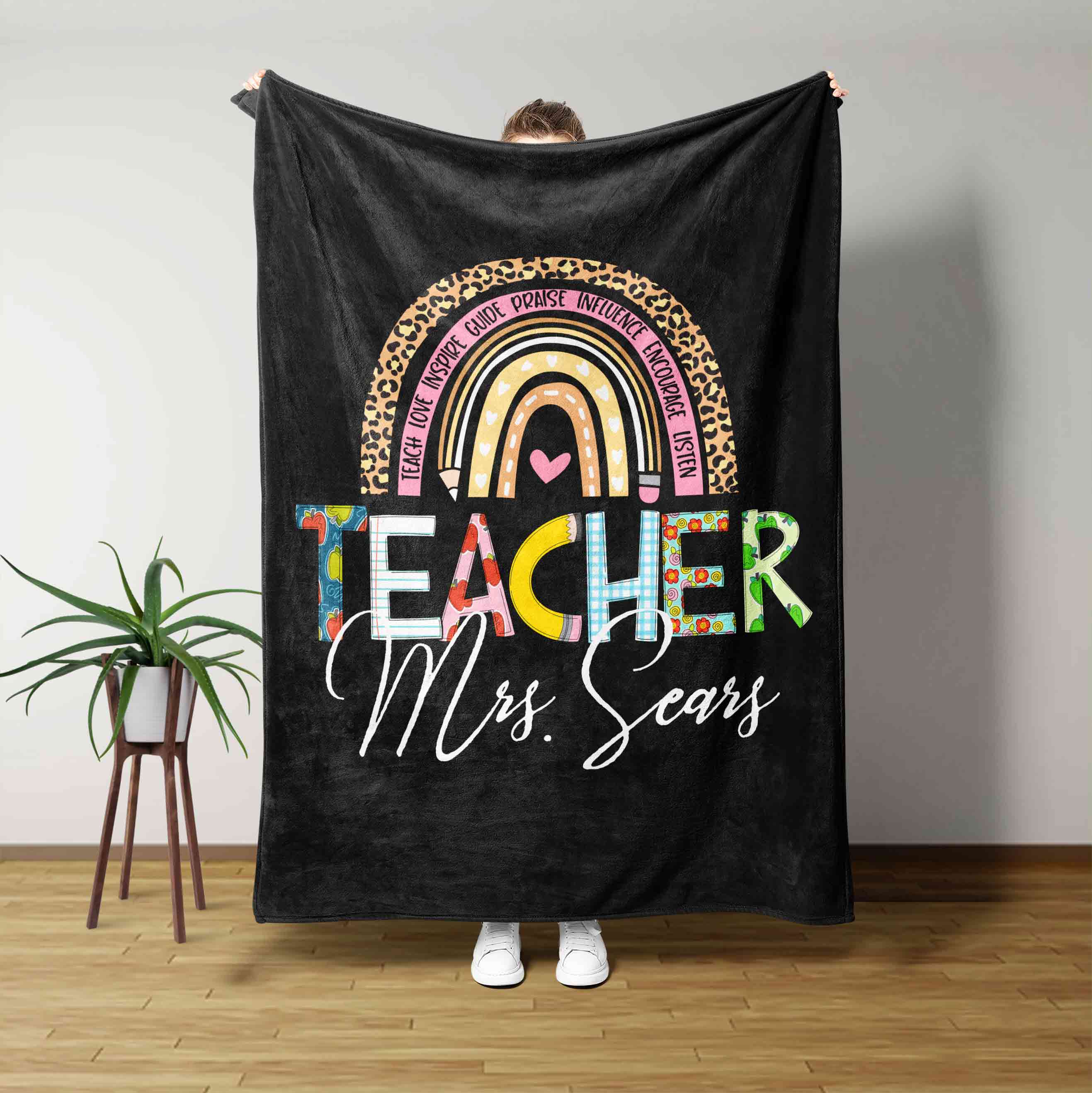 Rainbow Heart Custom Teacher Name Blanket