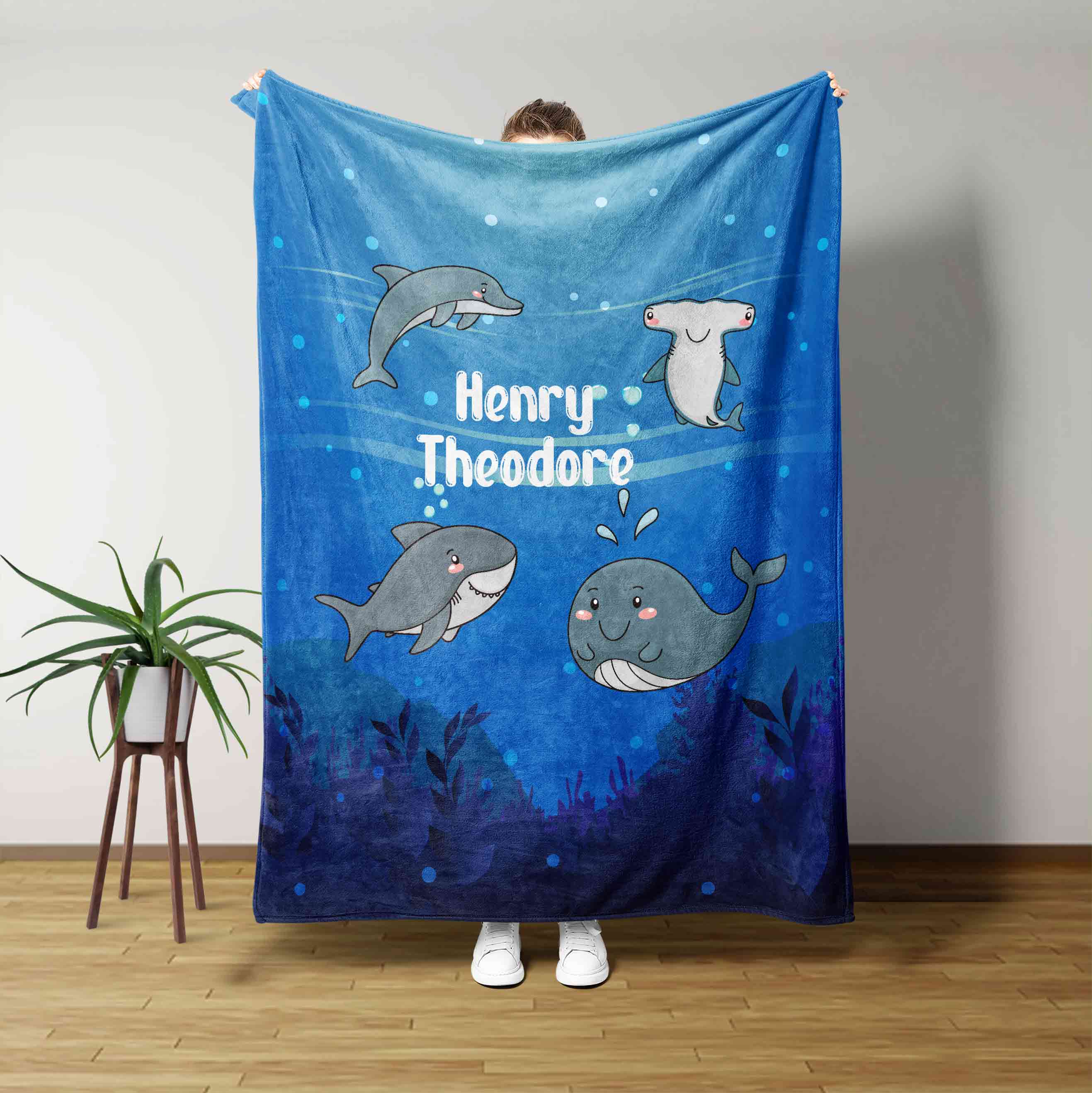 Shark Dolphin Whale Ocean Custom Name Blanket