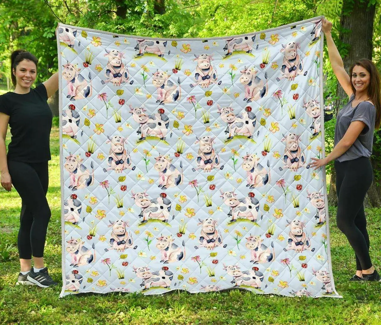 Watercolor Cartoon Cow Quilt Blanket